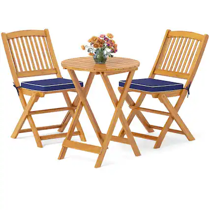 Front. Pefilos - 3 Pieces Acacia Wood Patio Folding Bistro Set with SoFeet Cushions, Patio Conversation Set for Outdoor, Navy - Blue.
