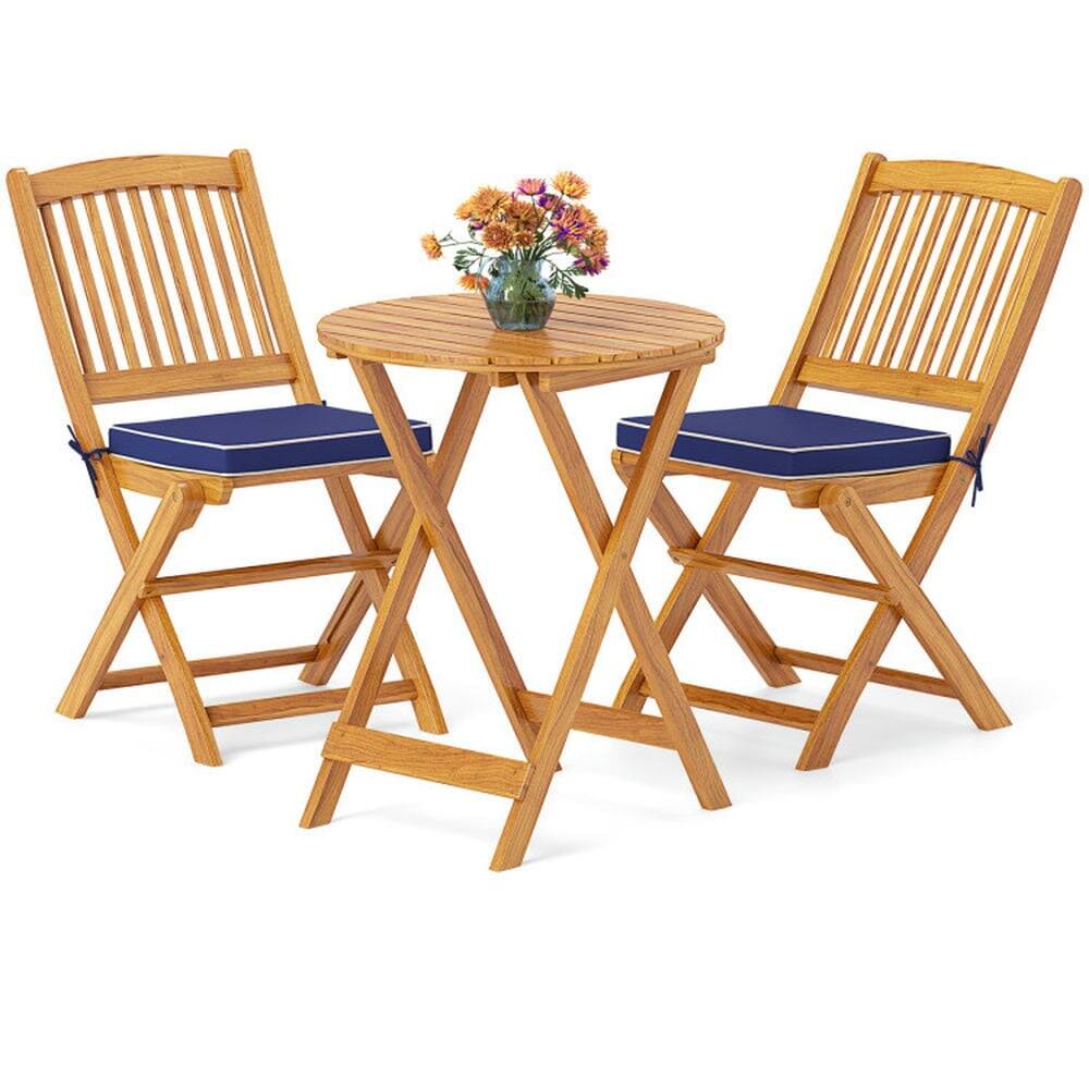 Front. Pefilos - 3 Pieces Acacia Wood Patio Folding Bistro Set with SoFeet Cushions, Patio Conversation Set for Outdoor, Navy - Blue.