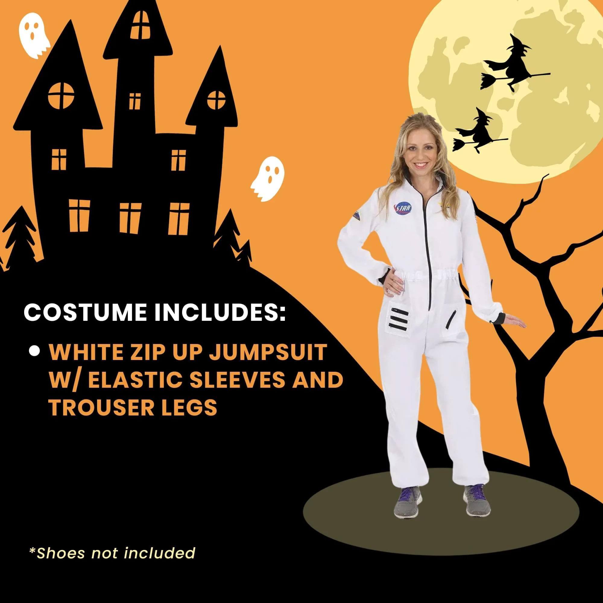 COSTUME INCLUDES:  
- WHITE ZIP UP JUMPSUIT W/ ELASTIC SLEEVES AND TROUSER LEGS  
*Shoes not included