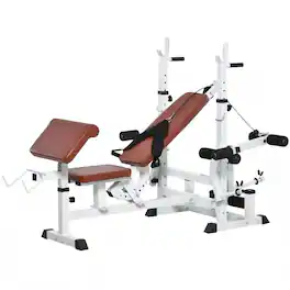 SKONYON - Multi-Exercise Weight Bench and Rack with Leg Extension - White+Brown