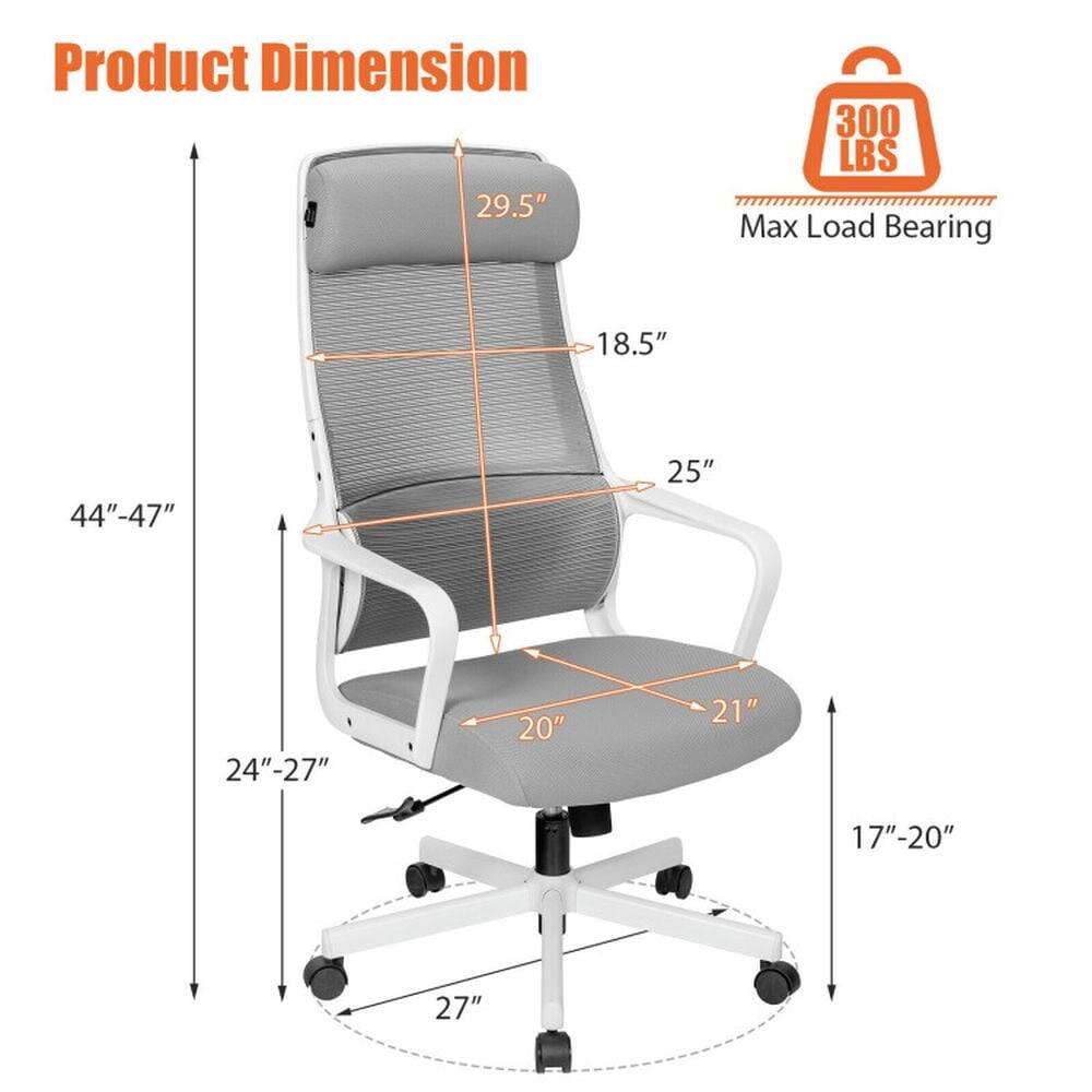 Product Dimension:  
- Height: 29.5"  
- Width: 18.5"  
- Depth: 25"  
- Seat Height: 17"-20"  
- Seat Width: 21"  
- Back Height: 24"-27"  
- Overall Height: 44"-47"  
- Base Diameter: 27"  

Max Load Bearing: 300 LBS