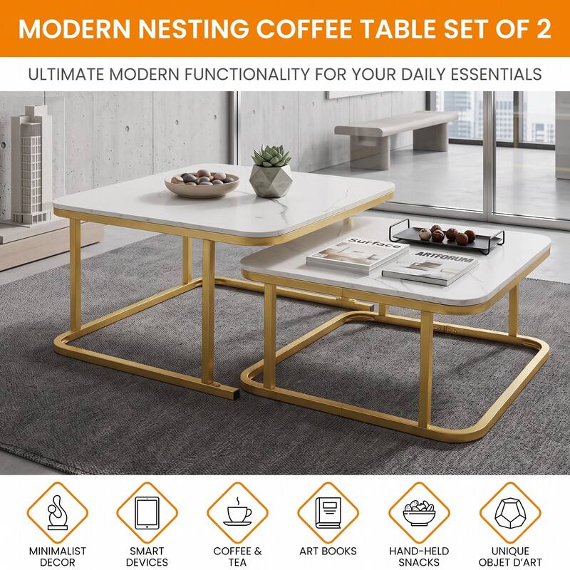 MODERN NESTING COFFEE TABLE SET OF 2

ULTIMATE MODERN FUNCTIONALITY FOR YOUR DAILY ESSENTIALS

- MINIMALIST DECOR
- SMART DEVICES
- COFFEE & TEA
- ART BOOKS
- HAND-HELD SNACKS
- UNIQUE OBJET D'ART