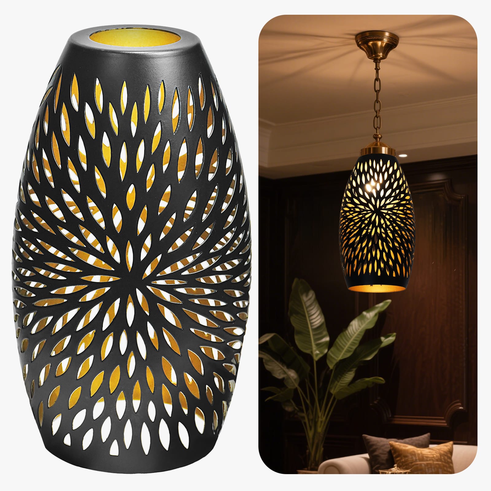 Alucset - Metal Oval Pendant Light Shade Replacement with 1-5/8" Fitter Etched Chrysanthemum for Chandelier Wall Lamp - Black Gold - Black & Gold