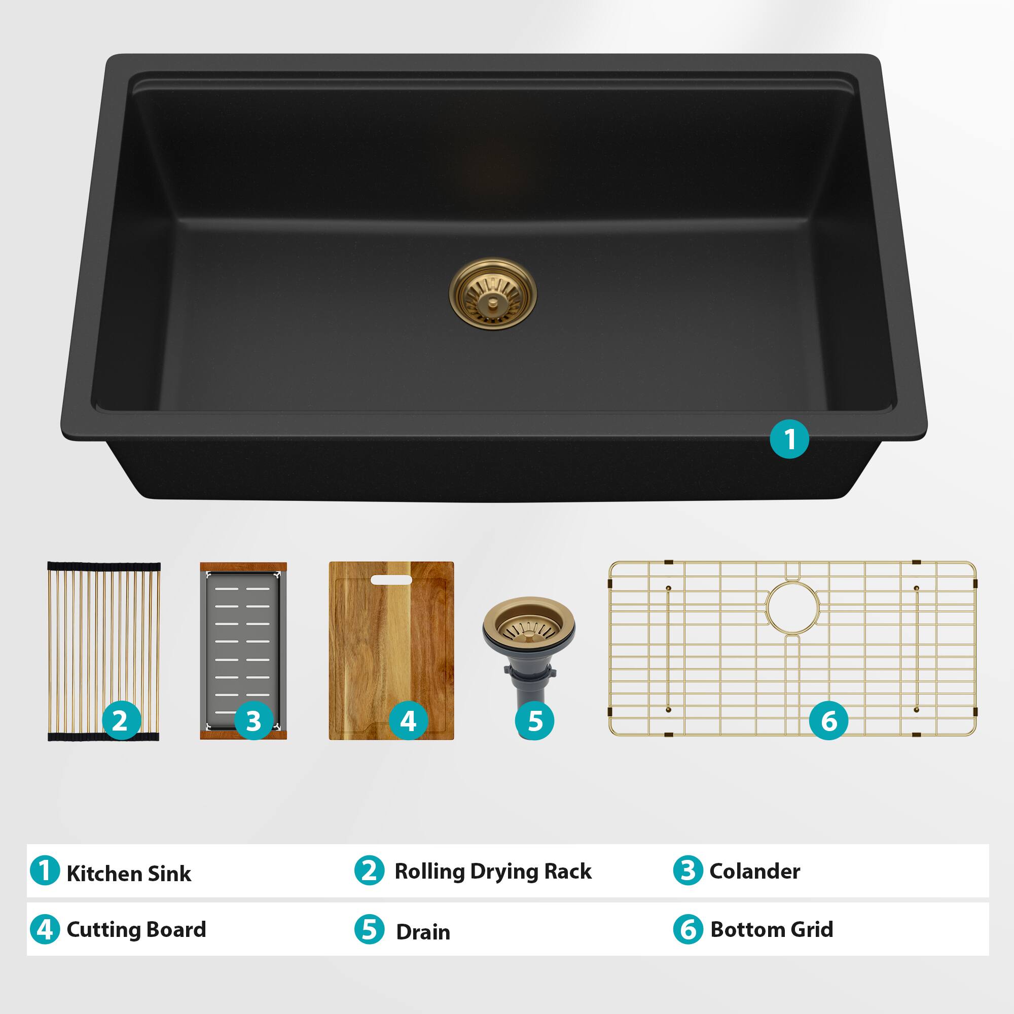 1. Kitchen Sink  
2. Rolling Drying Rack  
3. Colander  
4. Cutting Board  
5. Drain  
6. Bottom Grid