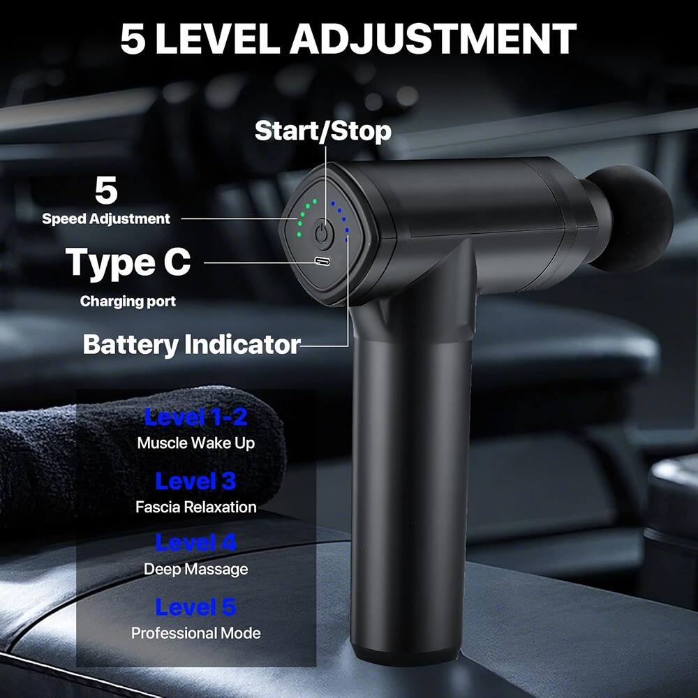 5 LEVEL ADJUSTMENT

Start/Stop

5 Speed Adjustment

Type C Charging port

Battery Indicator

Level 1-2 Muscle Wake Up

Level 3 Fascia Relaxation

Level 4 Deep Massage

Level 5 Professional Mode