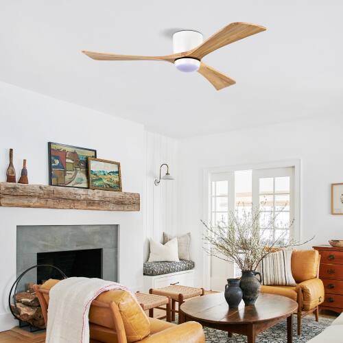 Alt View 2. LUCKY ONE - 52" Flush Mount Ceiling Fan with Light Remote 6-Speed Wood Blades - Matte White,Natural Wood.