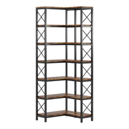 TinyHomie - 79.53in Tall 7-Tier Large Corner Bookshelf Wood and Metal Tall Storage Bookcase - Rustic Brown
