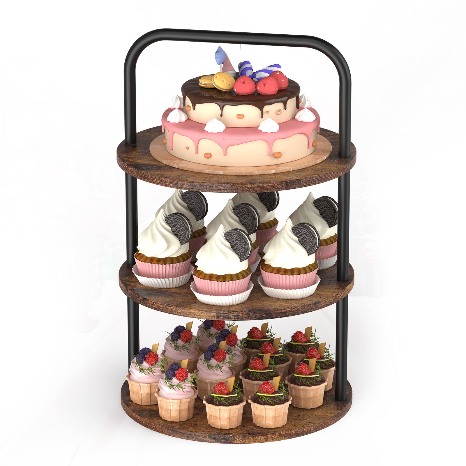 Alt View 1. Oumilen - 3-Tier Round Cupcake Display Stand, Rustic Wood Metal Dessert Serving Tray - Brown.