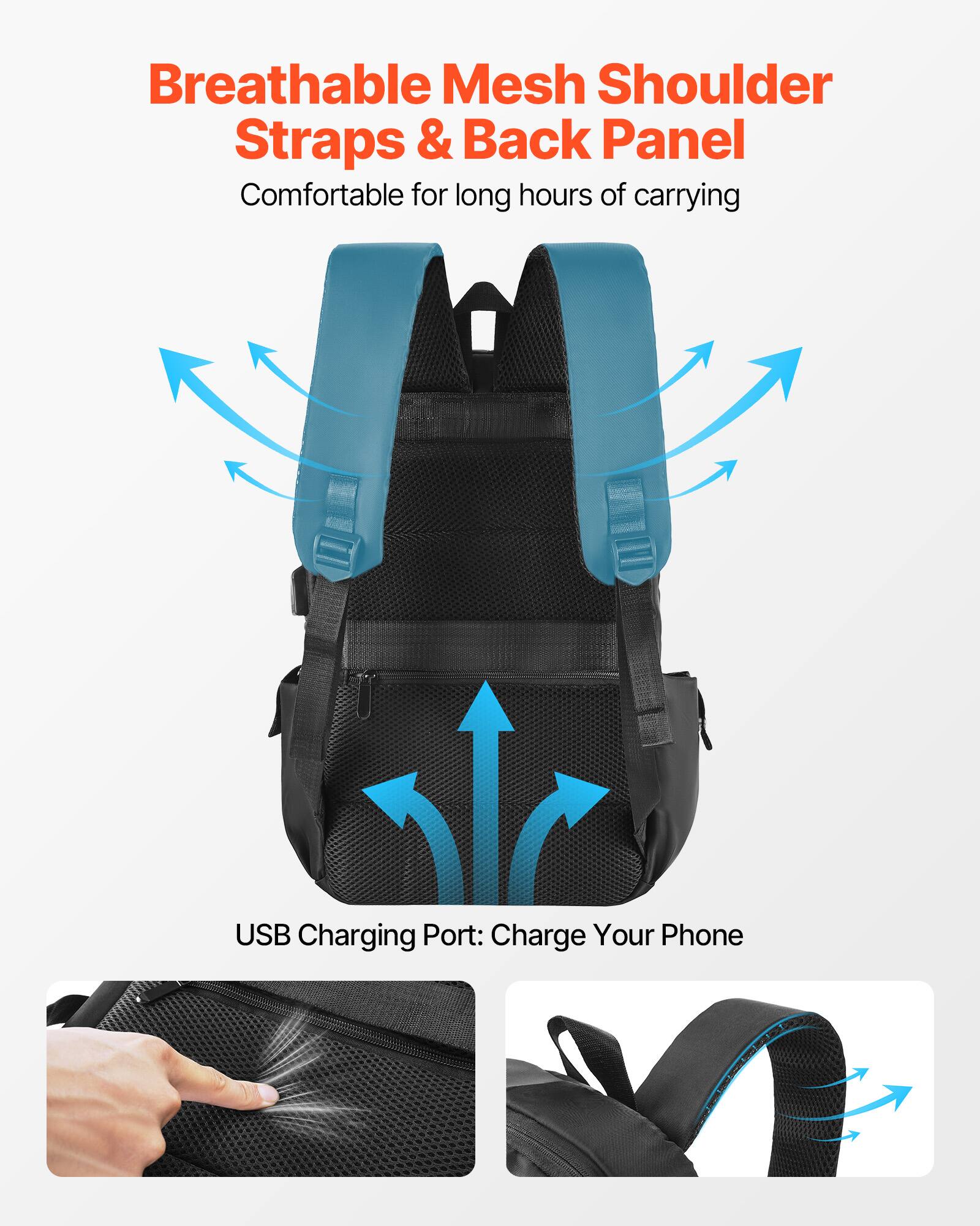 Breathable Mesh Shoulder Straps & Back Panel  
Comfortable for long hours of carrying  

USB Charging Port: Charge Your Phone