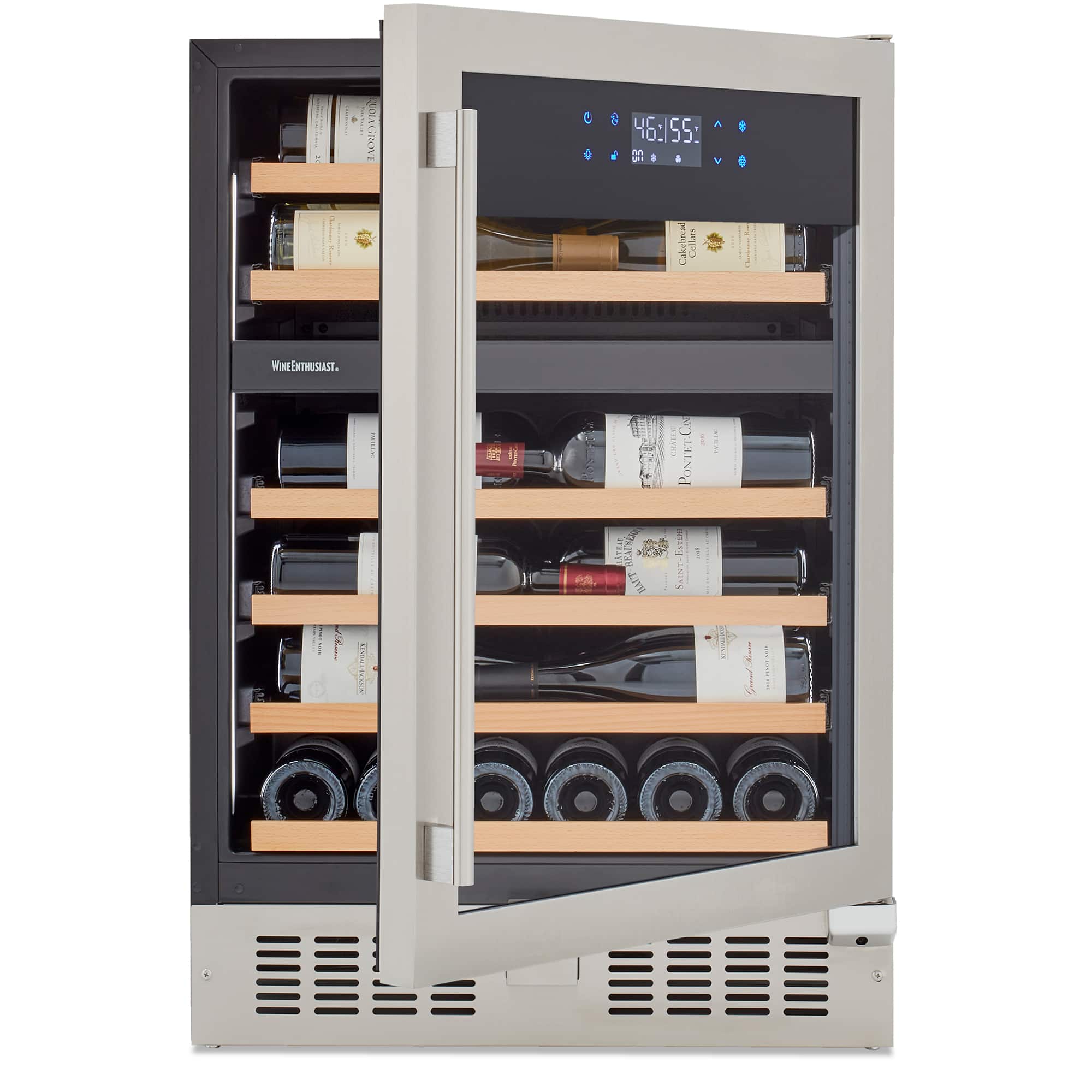 Left. Wine Enthusiast - SommSeries2 46 Bottle Dual Zone with VinoView Display Shelving - Stainless Steel.