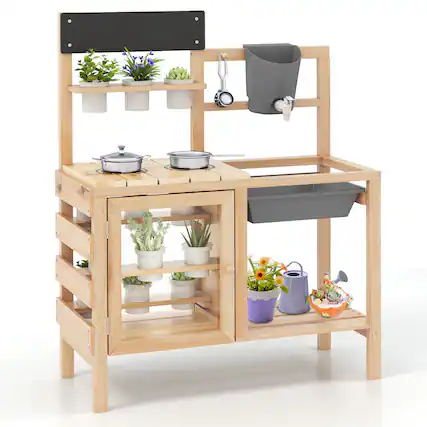 Front. Gymax - Gymax Mud Kitchen Kids Pretend Play Kitchen Toy Set Outdoor Wooden Kitchen Playset - Mix Gray.