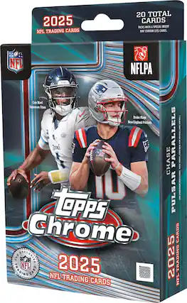 2025 NFL Trading Cards
20 Total Cards
Packs with a Special Insert May Contain Less Cards.
NFL
NFLPA
Cam Ward
Tennessee Titans
Drake Maye
New England Patriots
Topps Chrome
2025 NFL Trading Cards
Chase Pulsar Parallels
(00 of 100 Purchase Necessary)
Visit: TOPPS.COM/PH
FOR DETAILS AND ENTRY
Exclusive to The NFL Trading Card Company