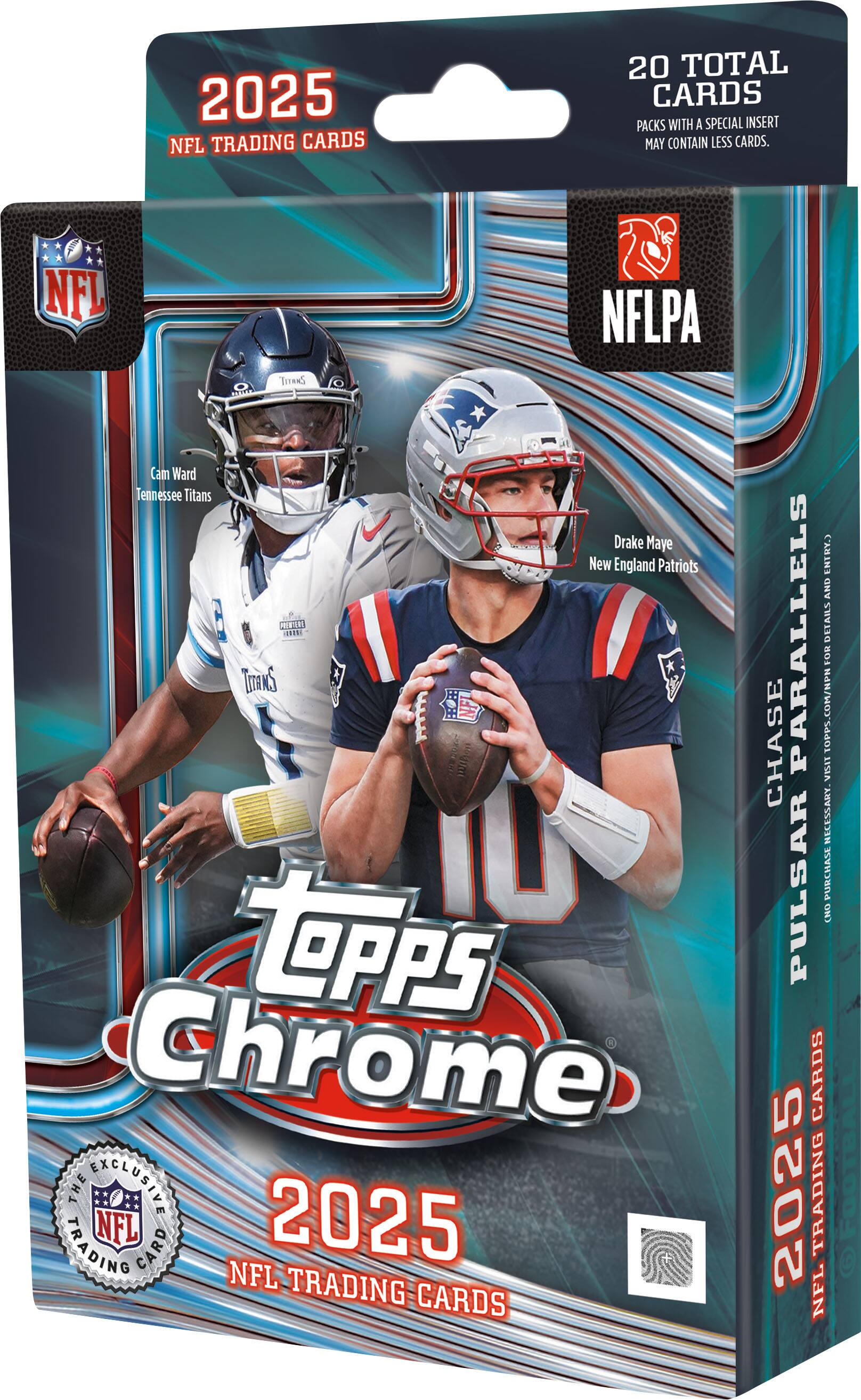 2025 NFL Trading Cards  
20 Total Cards  
Packs with a Special Insert May Contain Less Cards.  

NFL  
NFLPA  

Cam Ward  
Tennessee Titans  

Drake Maye  
New England Patriots  

Topps Chrome  
2025 NFL Trading Cards  

Chase Pulsar Parallels  
(00 of 100 Purchase Necessary)  

Visit: TOPPS.COM/PH  
FOR DETAILS AND ENTRY  

Exclusive to The NFL Trading Card Company