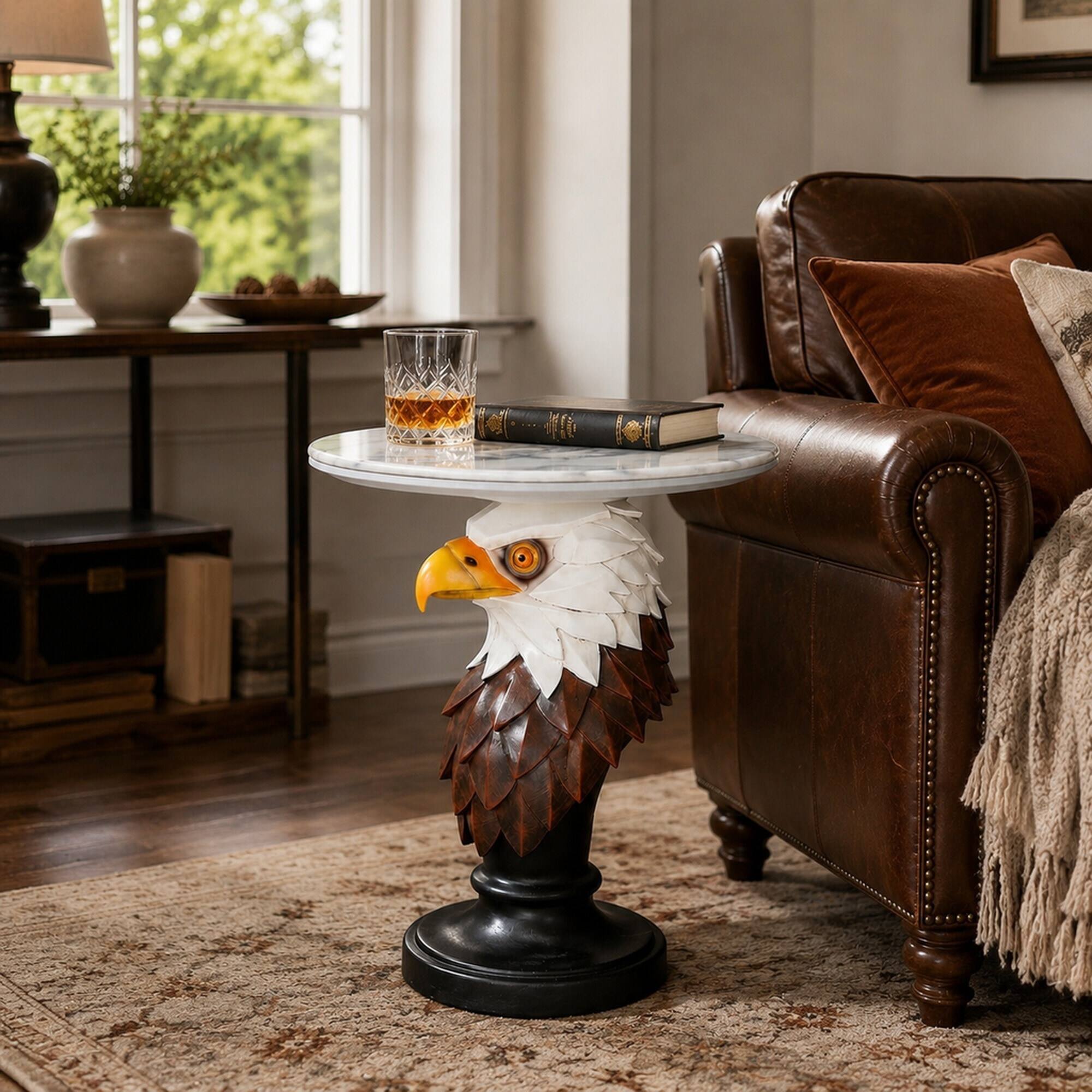 Angle. RYHNUYNE - Realistic Eagle Head Accent Table with Faux Marble Top for Living Room and Nature Decor - Brown.
