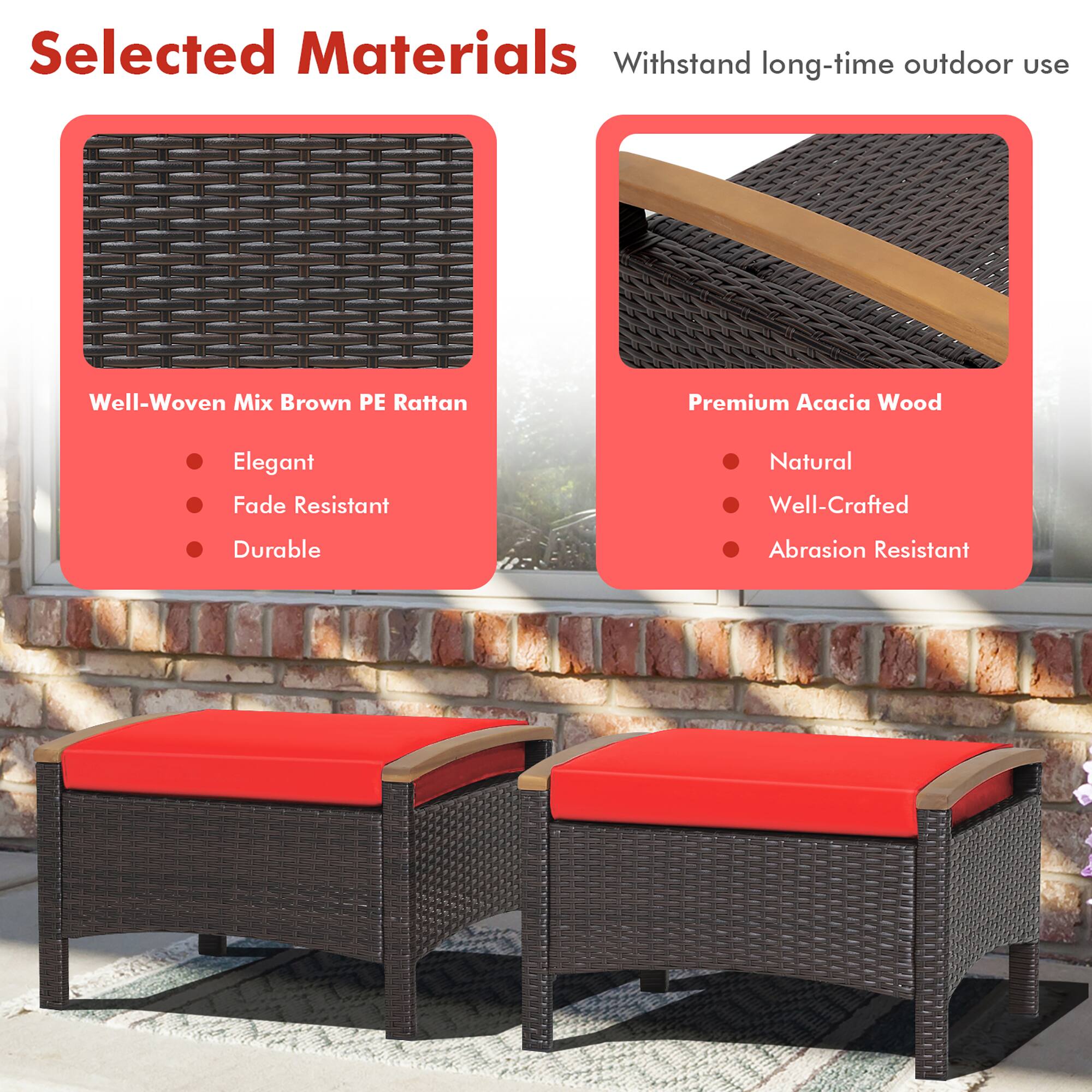 Selected Materials  
Withstand long-time outdoor use  

Well-Woven Mix Brown PE Rattan  
- Elegant  
- Fade Resistant  
- Durable  

Premium Acacia Wood  
- Natural  
- Well-Crafted  
- Abrasion Resistant