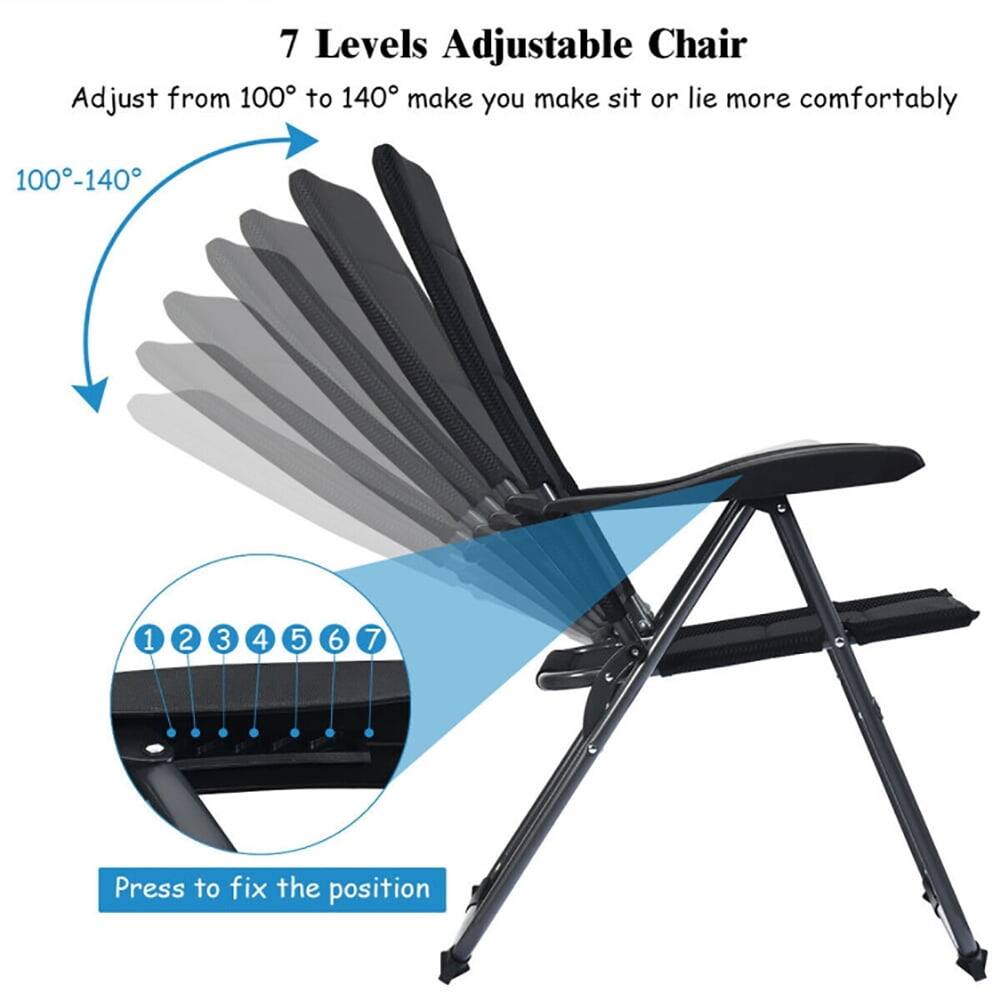 7 Levels Adjustable Chair  
Adjust from 100° to 140° make you sit or lie more comfortably  
100°-140°  
1 2 3 4 5 6 7  
Press to fix the position