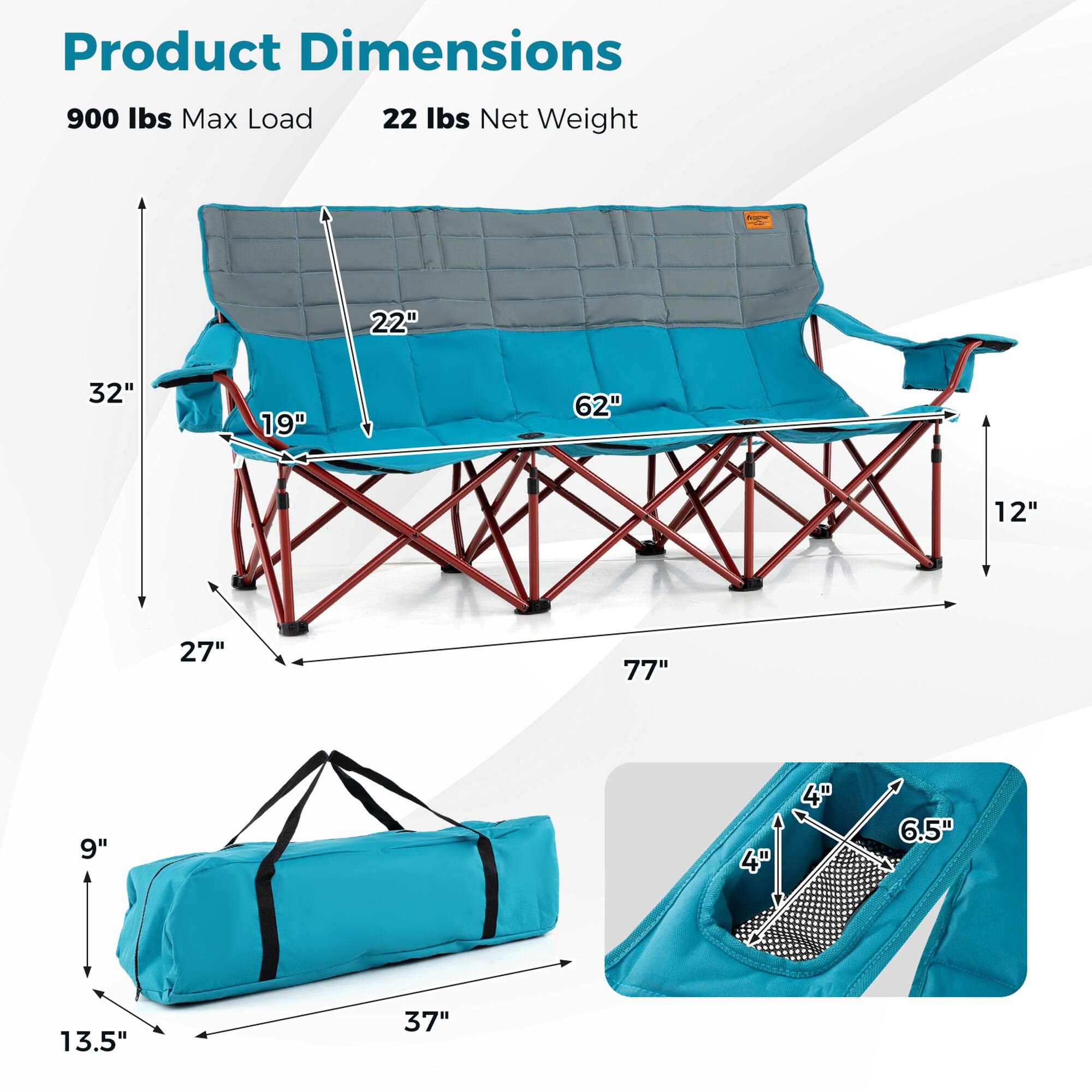 Product Dimensions
900 lbs Max Load
22 lbs Net Weight
22"
32"
19"
62"
12"
27"
77"
9"
4"
4"
6.5"
13.5"
37"