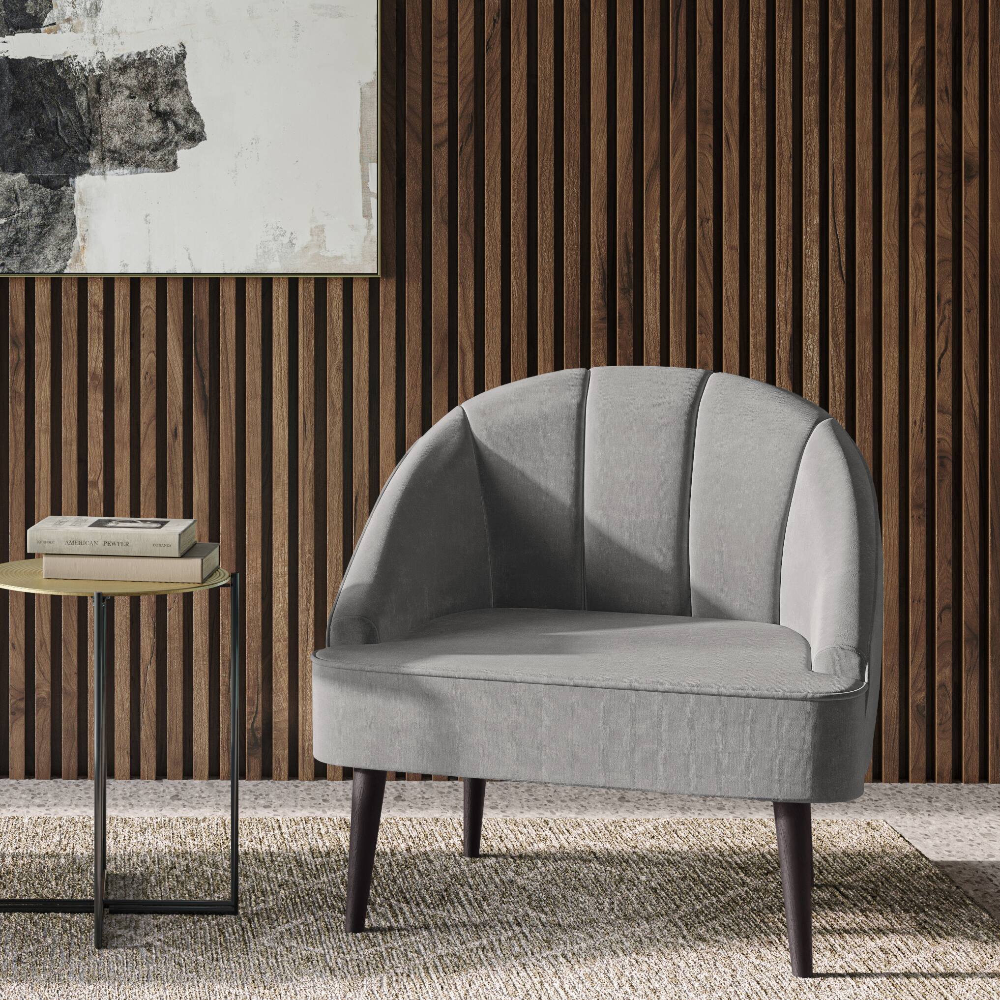 Angle. Simpli Home - Harrah 33 inch Wide Contemporary Accent Chair in Smoky Grey Velvet fabric - Smoky Grey.