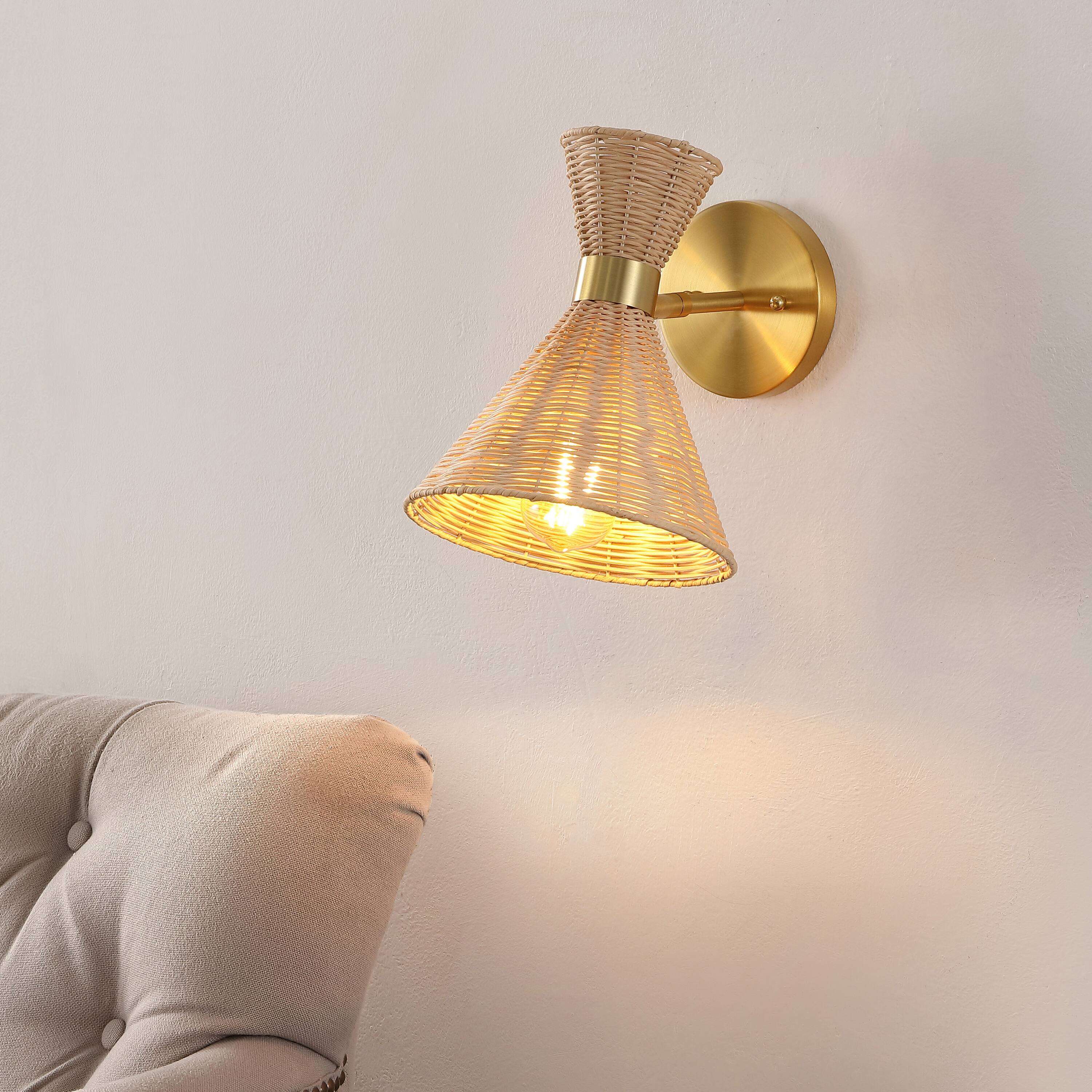 Alt View 1. Jonathan Y - Zoey 10" 1-Light Mid-Century Vintage Retro Rattan/Metal LED Sconce with Adjustable Shade, Light Brown/Brass Gold - Brass Gold/Light Brown.