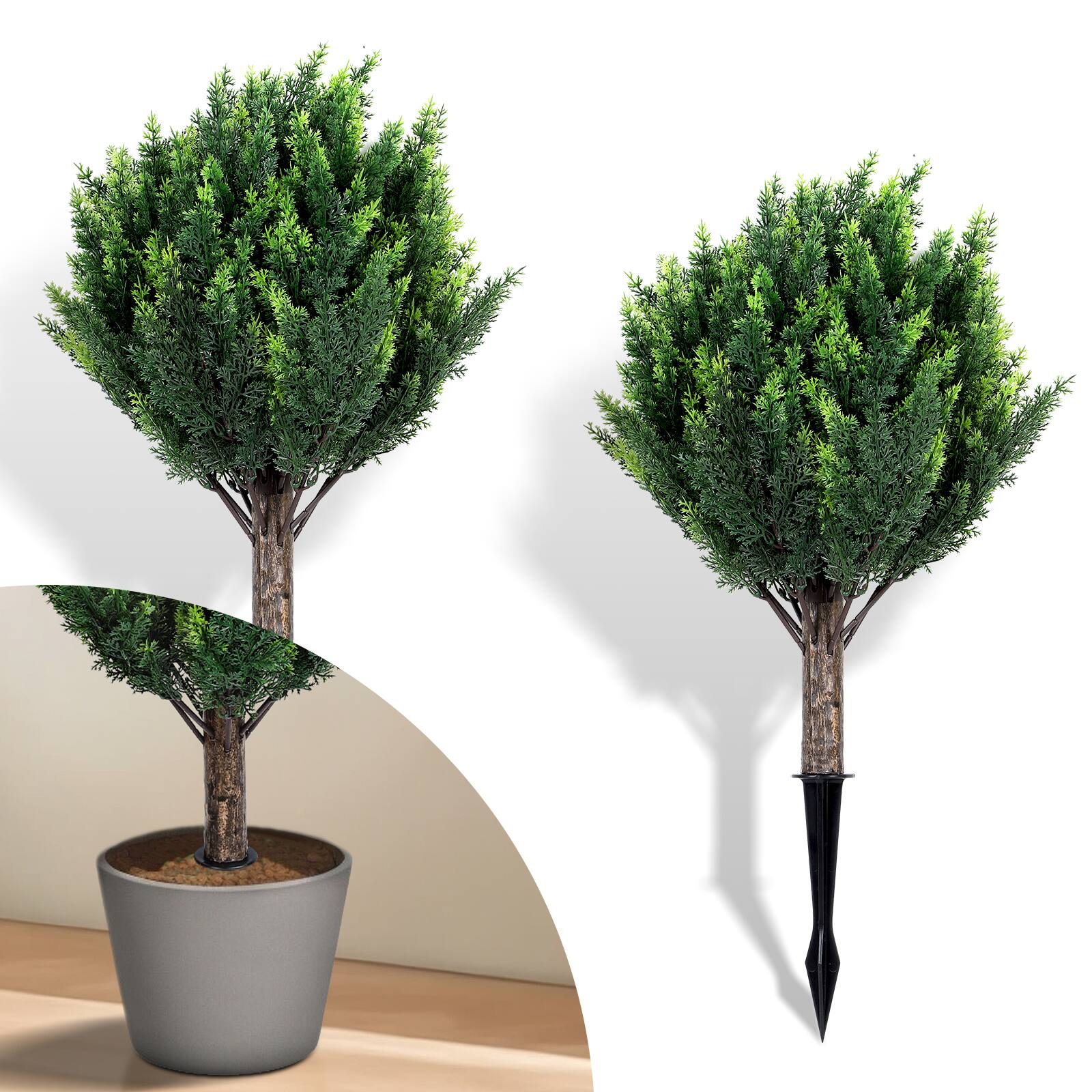 Alt View 1. Oumilen - 2 Pack Artificial Cypress Topiary Ball Tree with Ground Stake, Fake Evergreen Shrub for Garden Decor - Green.