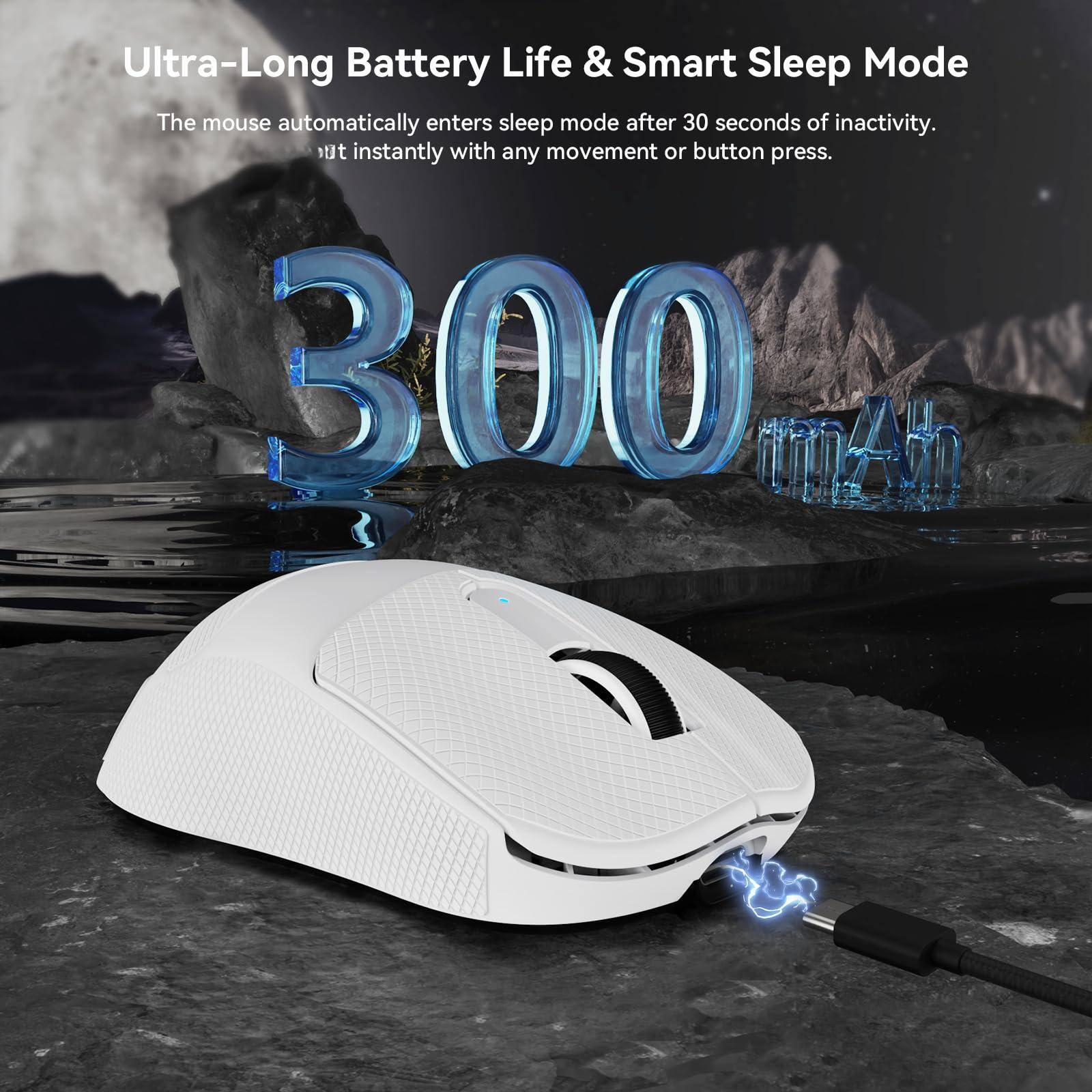 Ultra-Long Battery Life & Smart Sleep Mode

The mouse automatically enters sleep mode after 30 seconds of inactivity. It instantly wakes up with any movement or button press.

300 hours