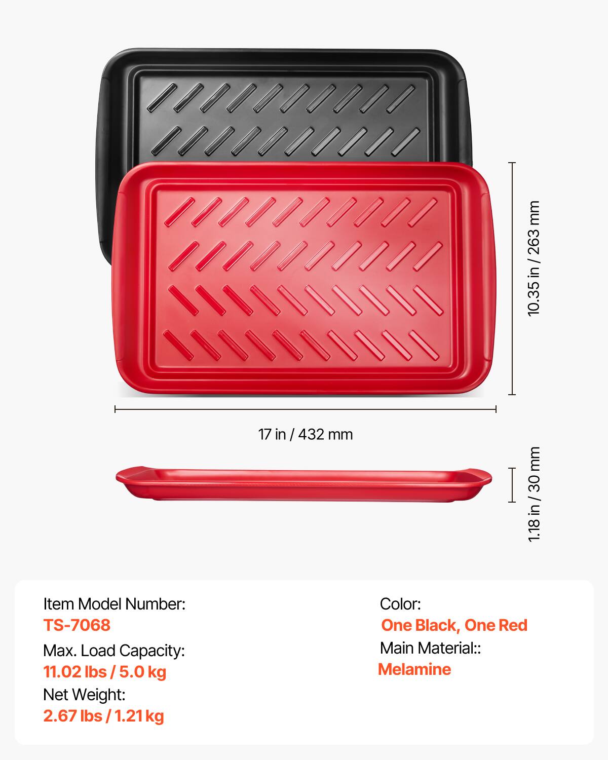 VEVOR - Plastic Serving Trays, 2-Pack Grilling Prep and Serve Trays with Handles , 17x10.35 Inch Anti-Slip Melamine Food Tray - One all black, one all red - Thumbnail 5