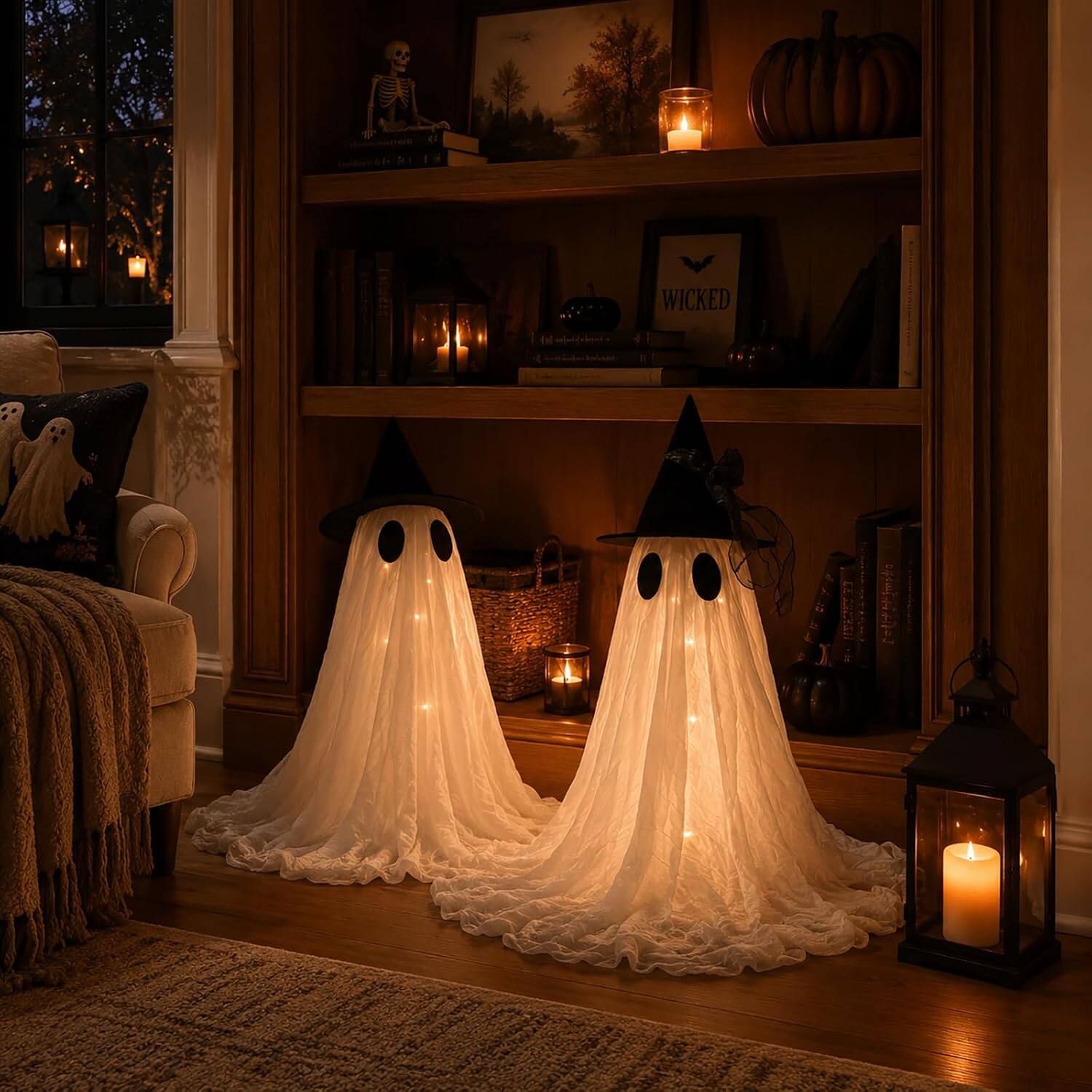 Alt View 3. FASCINATE - 2-Pack 2-ft Lighted Witch Hat Ghosts with Remote, 8 Lighting Modes, Timer and USB or Battery Power - White.