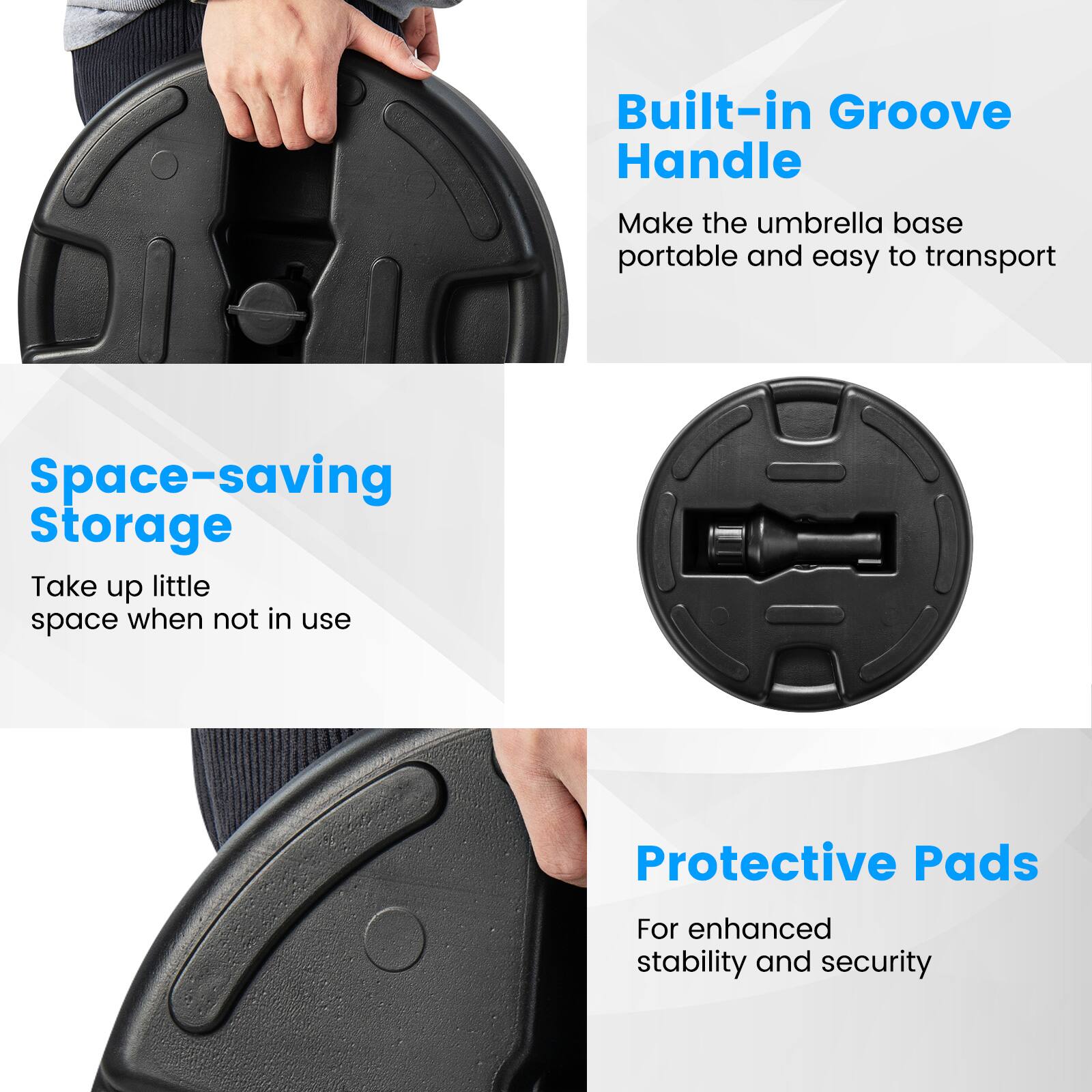 - Built-in Groove Handle: Make the umbrella base portable and easy to transport
- Space-saving Storage: Take up little space when not in use
- Protective Pads: For enhanced stability and security