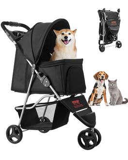 VEVOR - Pet Stroller,35 lbs Weight Capacity,Foldable Dog Stroller Cart,3 Wheels Cats Strollers with Mesh Windows and Cup Holders - Black