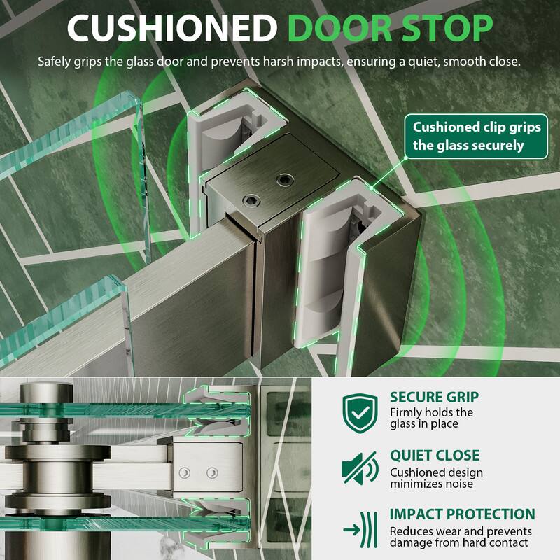 CUSHIONED DOOR STOP  
Safely grips the glass door and prevents harsh impacts, ensuring a quiet, smooth close.  
Cushioned clip grips the glass securely  

SECURE GRIP  
Firmly holds the glass in place  

QUIET CLOSE  
Cushioned design minimizes noise  

IMPACT PROTECTION  
Reduces wear and prevents damage from hard contact