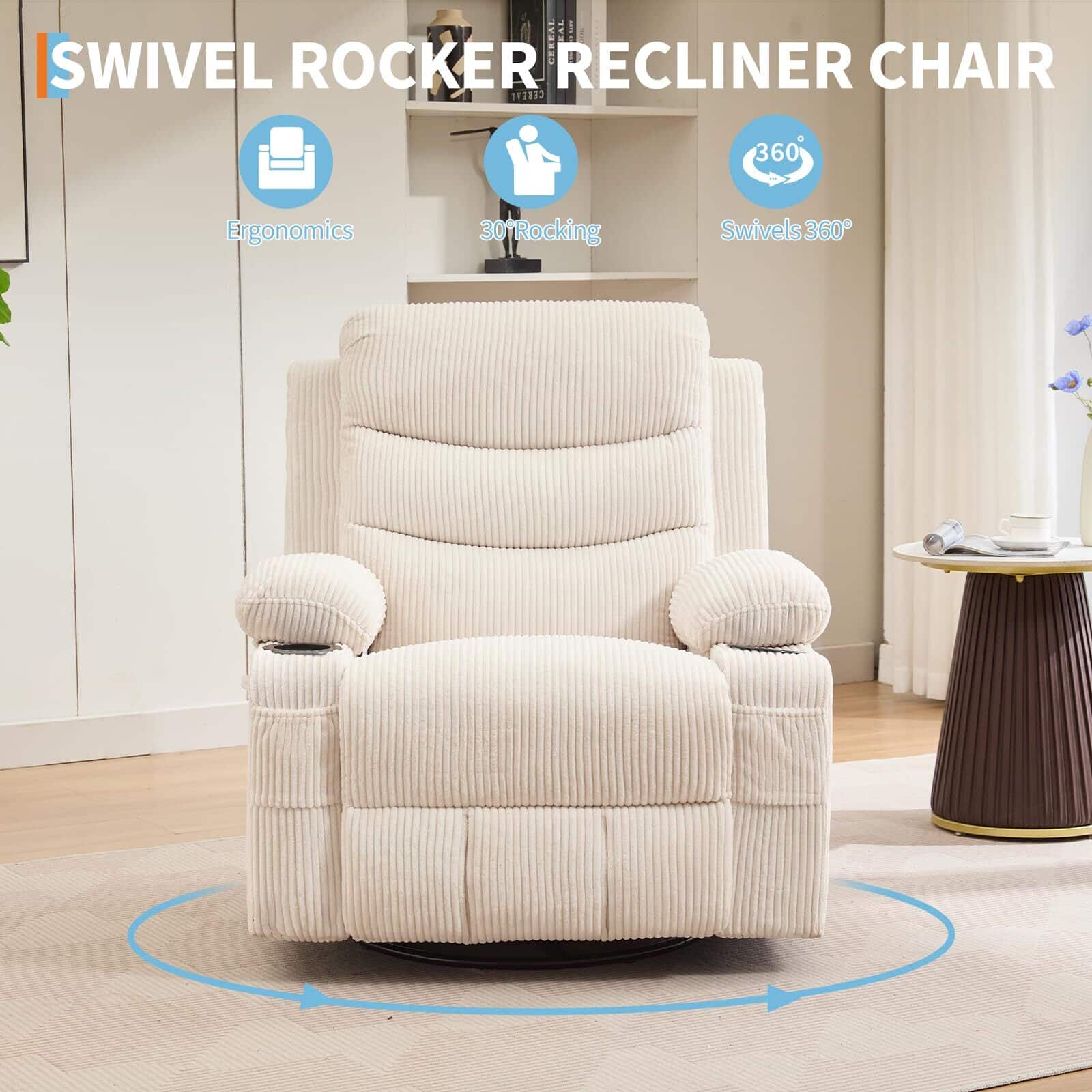 Babevy - Oversized Swivel Rocker Recliner Chair with Massage & Heat, 360° Glider with Cup Holders & Side Pockets - Beige
