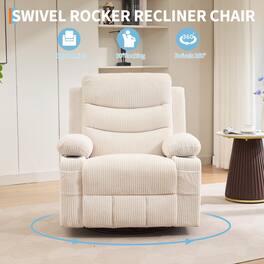 Babevy - Oversized Swivel Rocker Recliner Chair with Massage & Heat, 360° Glider with Cup Holders & Side Pockets - Beige