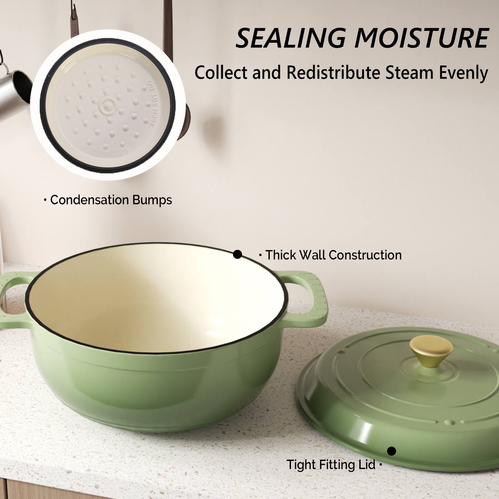 SEALING MOISTURE  
Collect and Redistribute Steam Evenly  

- Condensation Bumps  
- Thick Wall Construction  
- Tight Fitting Lid