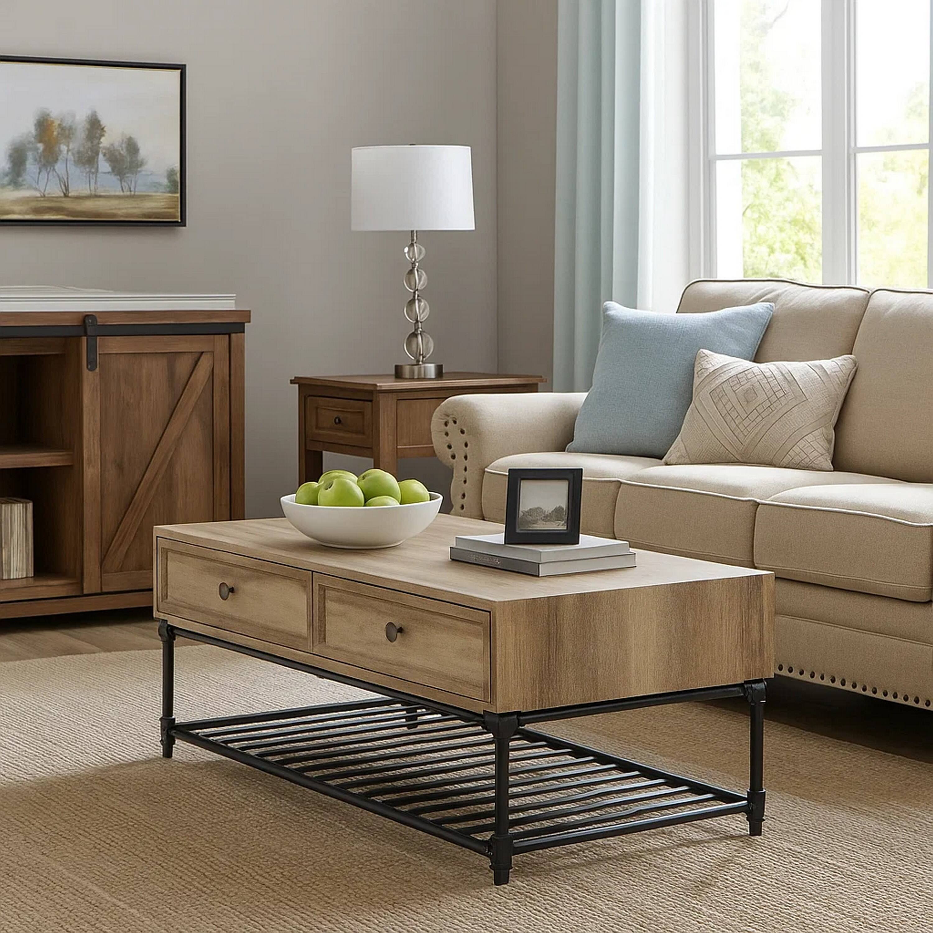 Alt View 6. Manhattan Lane - Ley 47 Inch Coffee Table, 2 Drawers, Industrial Design, Slatted Shelf - Brown.