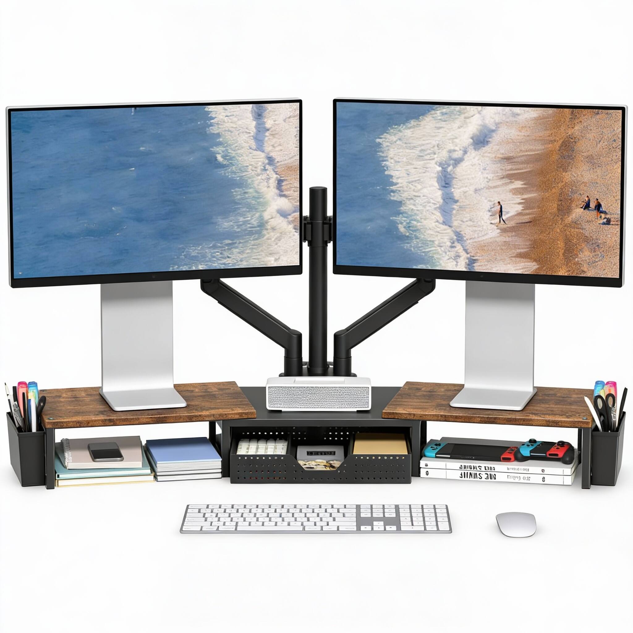CovertSafe- Monitor Riser Drawer Pen Holders Desk Organizer- Wood Brown With drawer and pen holder