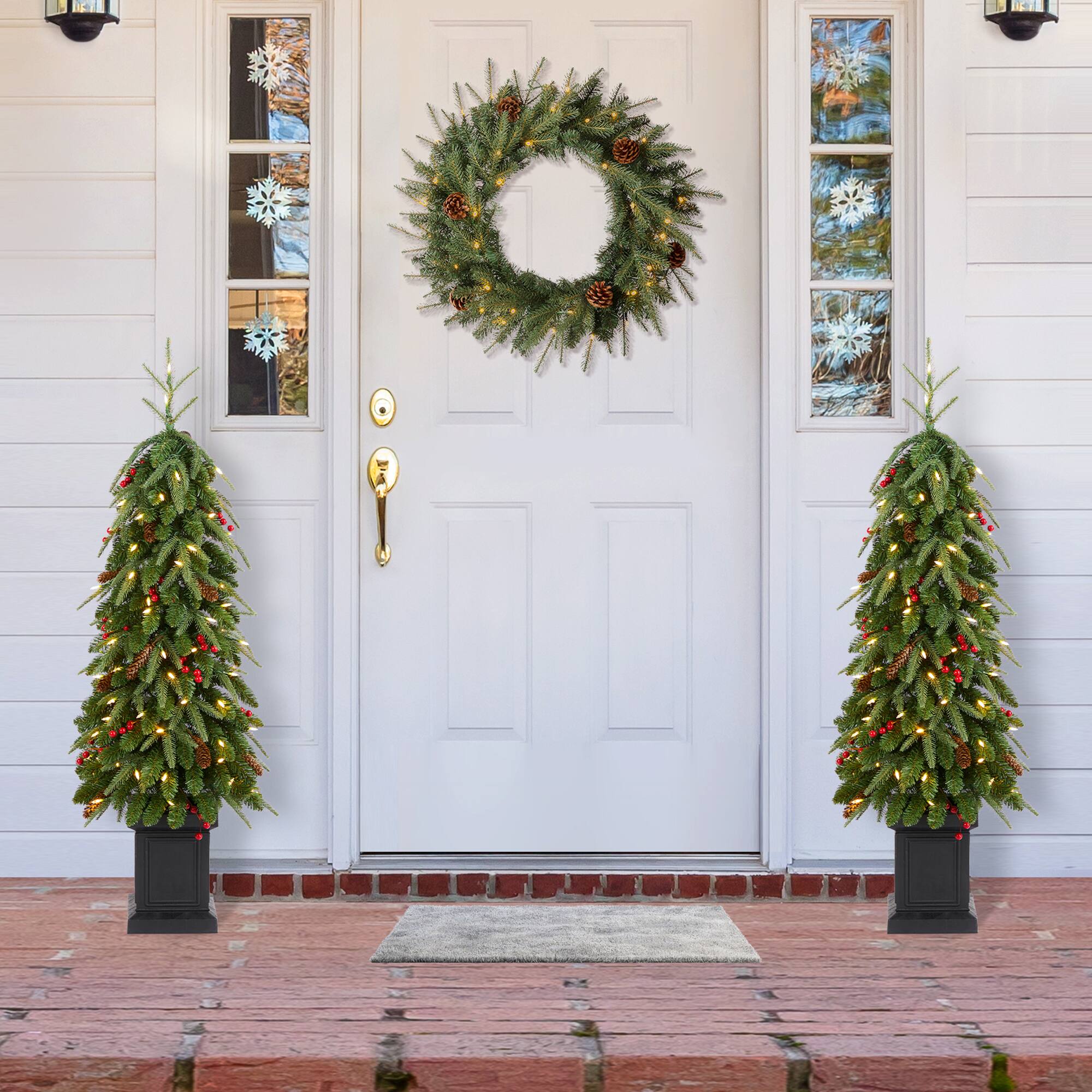 Alt View 9. Glitzhome - 4ft Pre-lit Green Artificial Christmas Porch Tree, red berries,pinecones and 100 warm white lights,3 function Foot Pedal - Green.