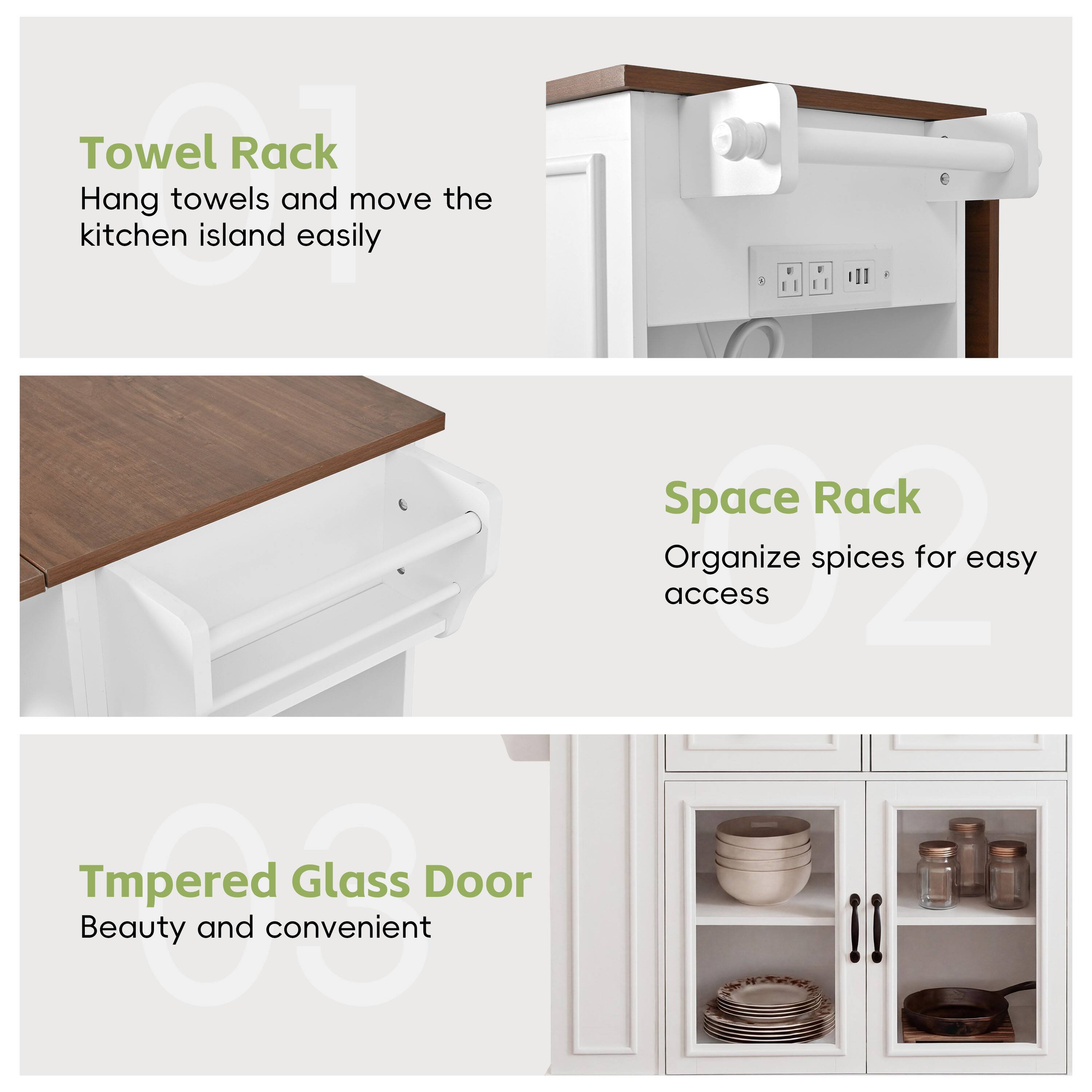 Towel Rack: Hang towels and move the kitchen island easily

Space Rack: Organize spices for easy access

Tempered Glass Door: Beauty and convenient