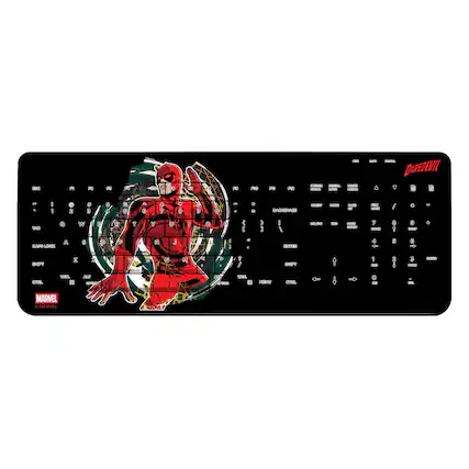 Sure, here is the corrected and grouped text from the image:
**Top Left:**
- MARVEL
- BY MARVEL
**Top Right:**
- DAREDEVIL
**Keyboard Layout:**
- Q W E R T Y U I O P
- A S D F G H J K L
- Z X C V B N M
**Special Keys:**
- CAPS LOCK
- SHIFT
- WIN
- ALT
- CTRL
- ALT GR
**Function Keys:**
- F1 F2 F3 F4 F5 F6 F7 F8 F9 F10 F11 F12
**Number Keys:**
- 1 2 3 4 5 6 7 8 9 0
**Navigation Keys:**
- BACKSPACE
- ENTER
- SHIFT
- CTRL
- ALT
- WIN
- MENU
- CTRL
**Additional Keys:**
- INS DEL
- HOME END
- PAGE UP PAGE DOWN
- NUMPAD (with numbers 1-9, 0, +, -, *, /)
**Daredevil Character:**
- Daredevil in a dynamic pose
**Bottom Left:**
- MARVEL
-