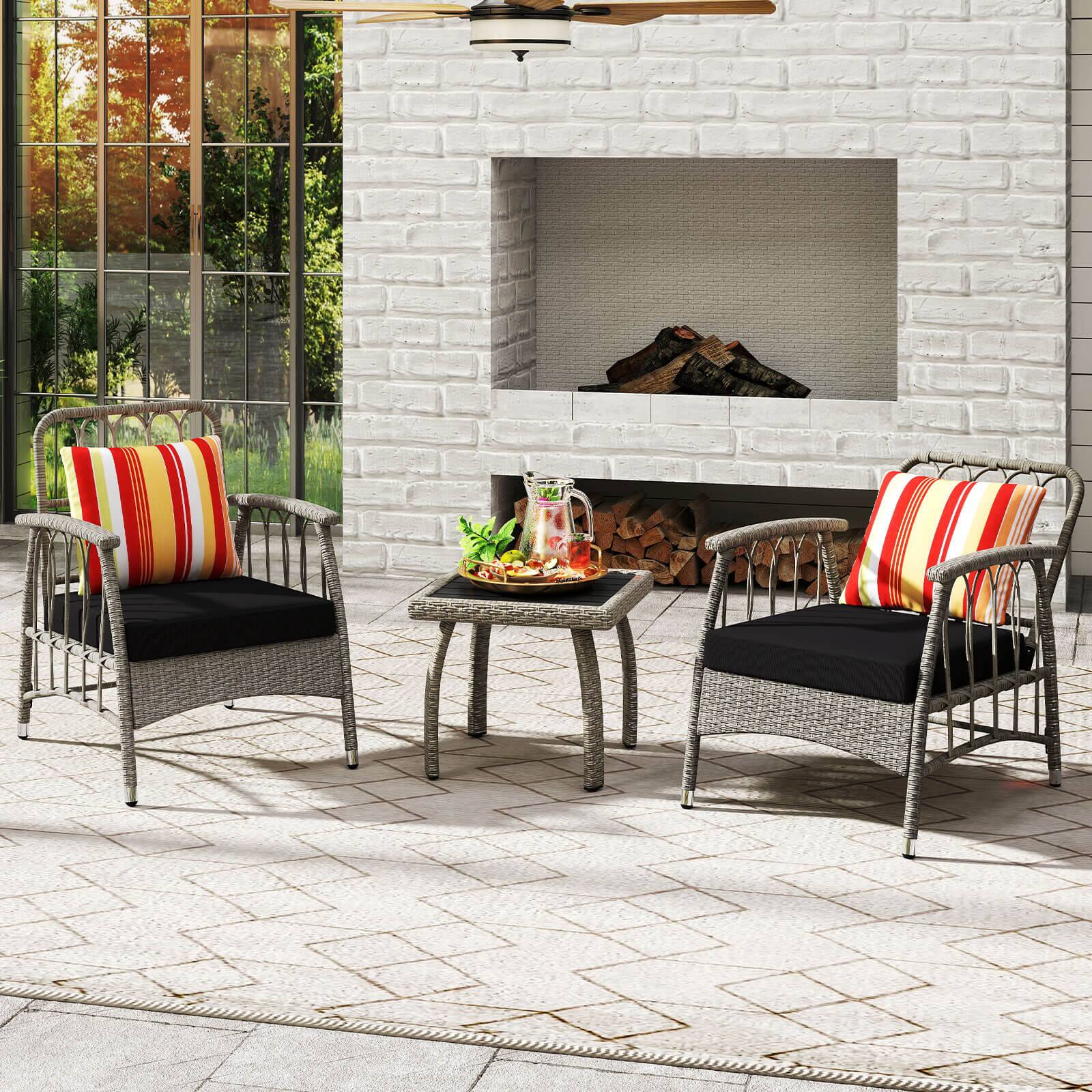 Alt View 4. Costway - Costway 3 PCS Patio PE Wicker Furniture Set with 5-Level Adjustable Backrest Bistro Set - Gray.