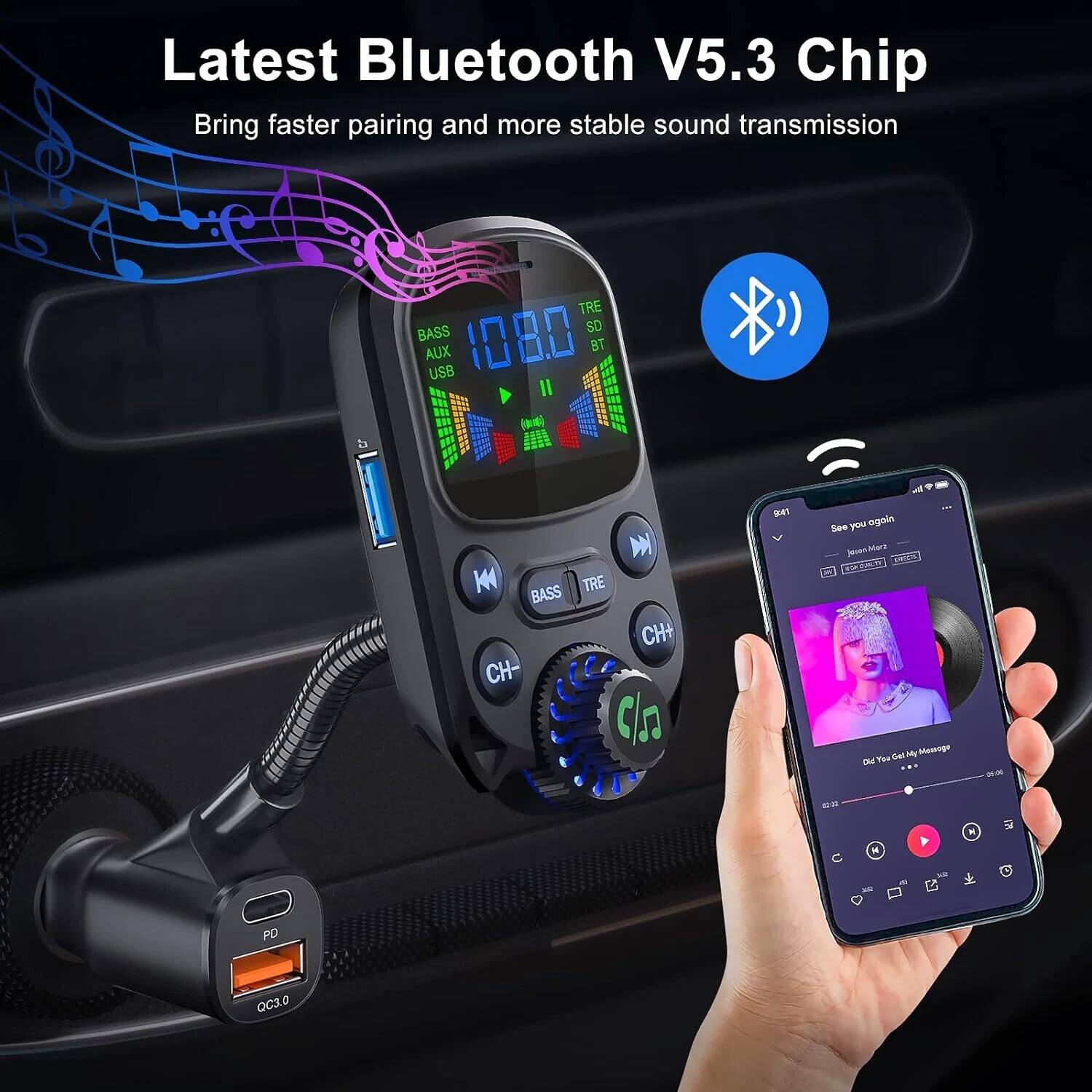 Latest Bluetooth V5.3 Chip  
Bring faster pairing and more stable sound transmission  

BASS  
AUX  
USB  
TRE  
SD  
BT  

CH+  
CH-  
BASS  
TRE  

PD  
QC3.0  

See you again  
Did You Get My Message