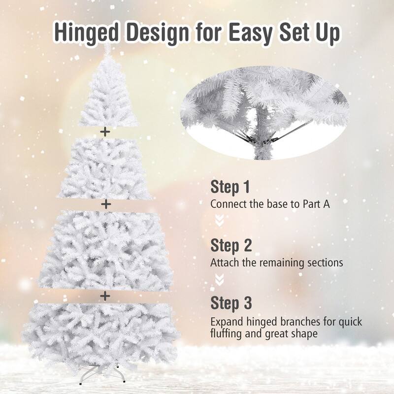 Hinged Design for Easy Set Up

Step 1: Connect the base to Part A

Step 2: Attach the remaining sections

Step 3: Expand hinged branches for quick fluffing and great shape