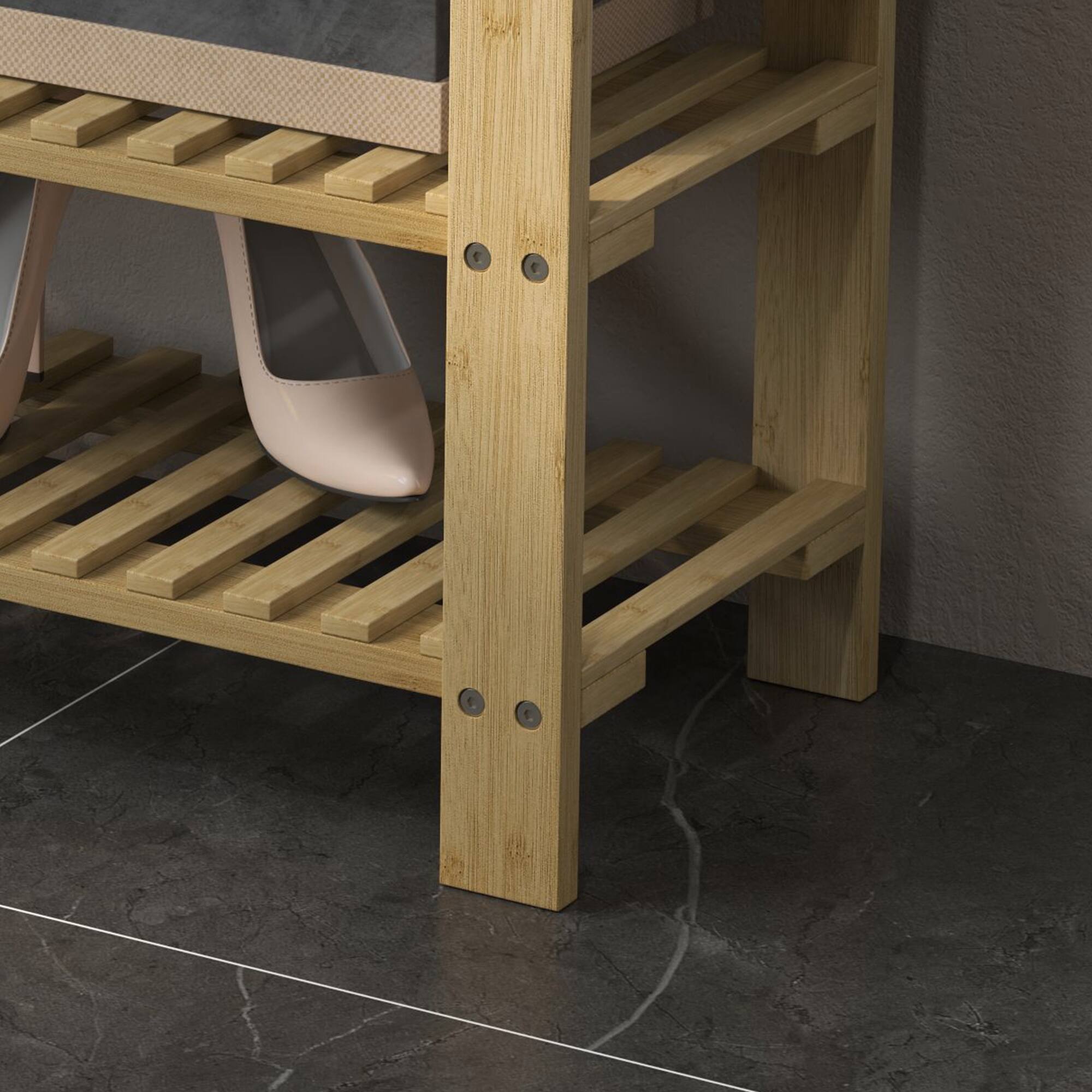 Alt View 7. Homcom - Bamboo Shoe Bench, 3-Tier Entryway Bench with Storage and Cushion, Shoe Organizer for Entryway, Hallway - Cream White.