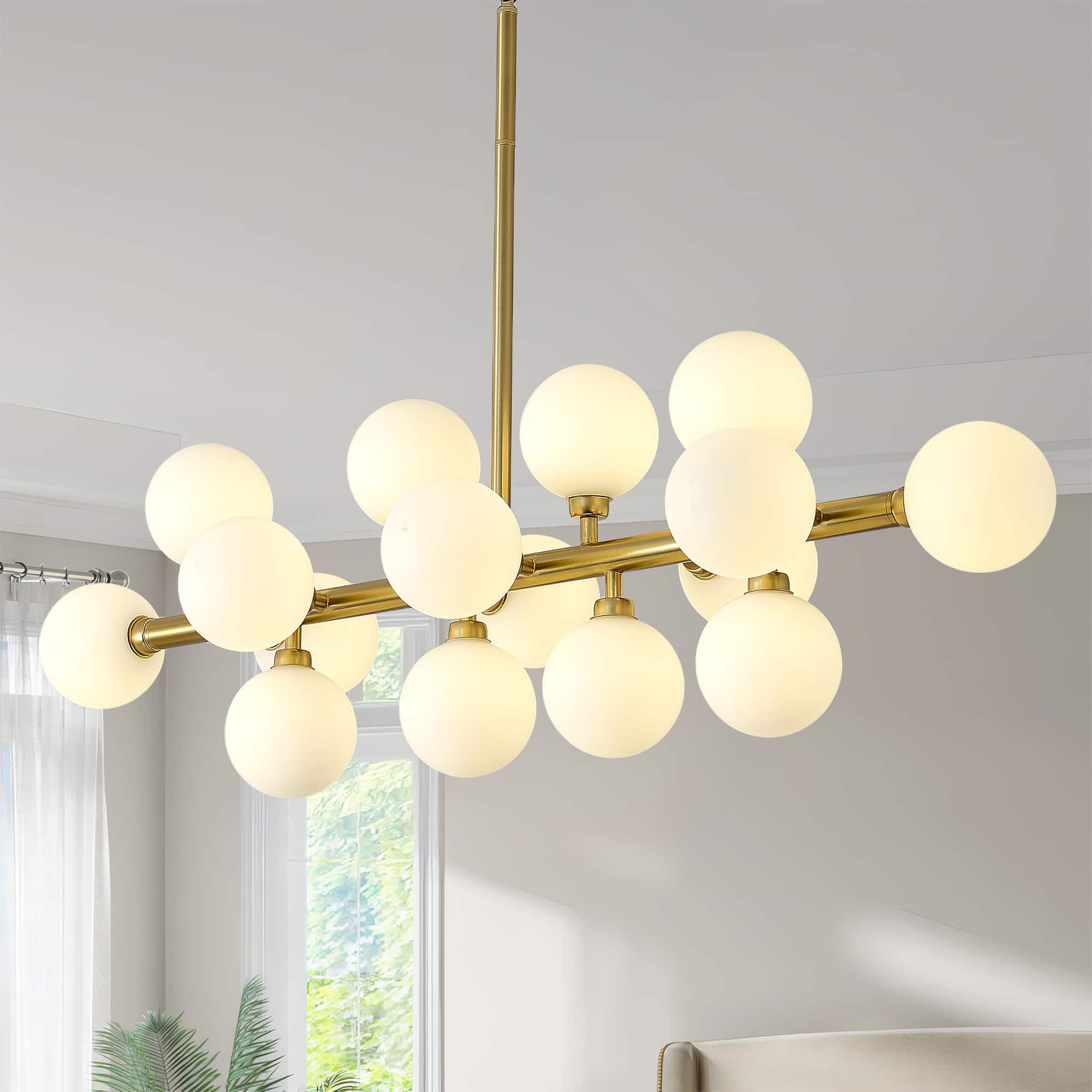 Front. RYHNUYNE - 16-Light Sputnik Chandelier 37.4 Inch Mid-Century Modern Pendant Light with Opaline Glass Adjustable Height.