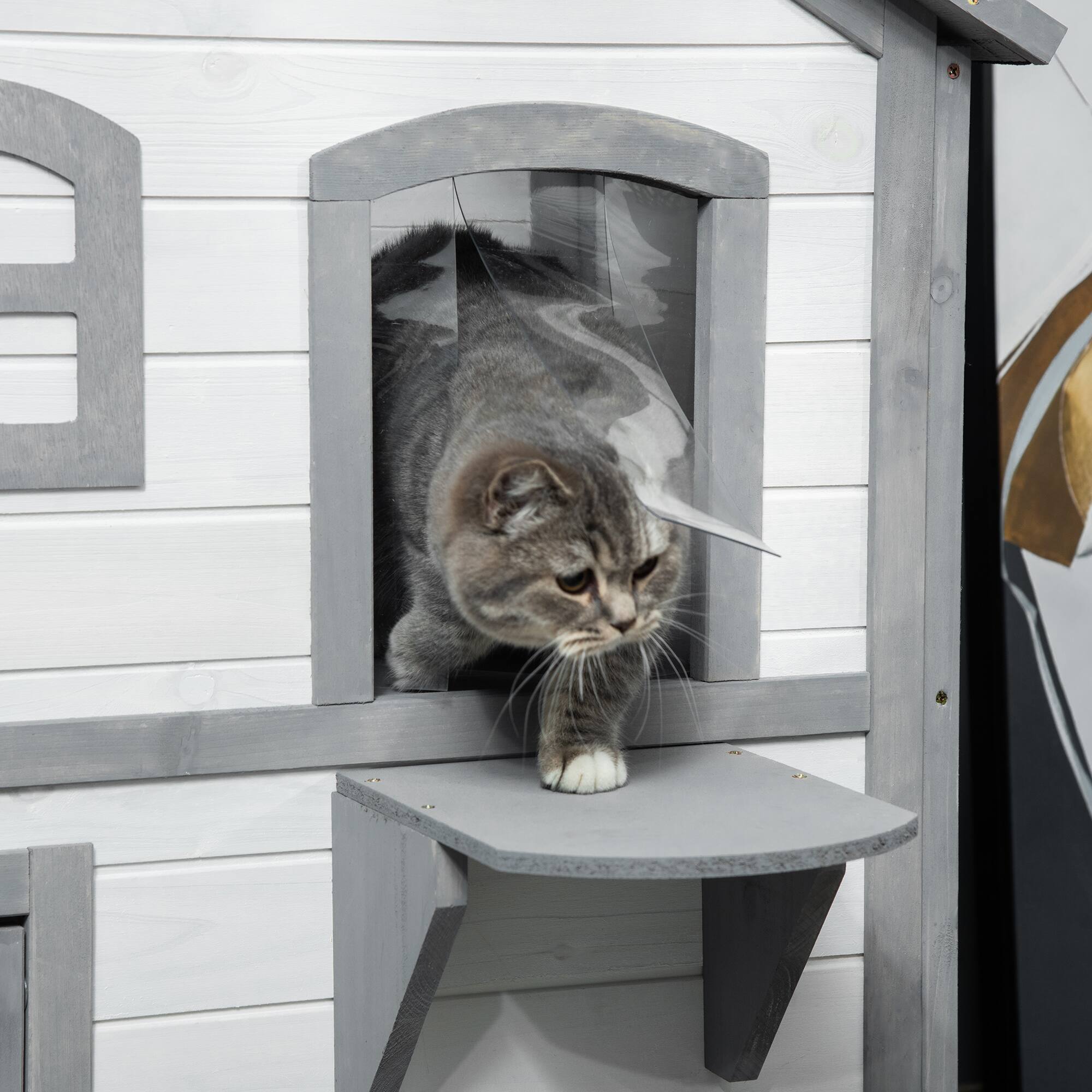 Alt View 1. Siljoy - 2‑Story Cat House with Asphalt Roof, Escape Door & Openable Top, Outdoor Catio for 1‑2 Cats.