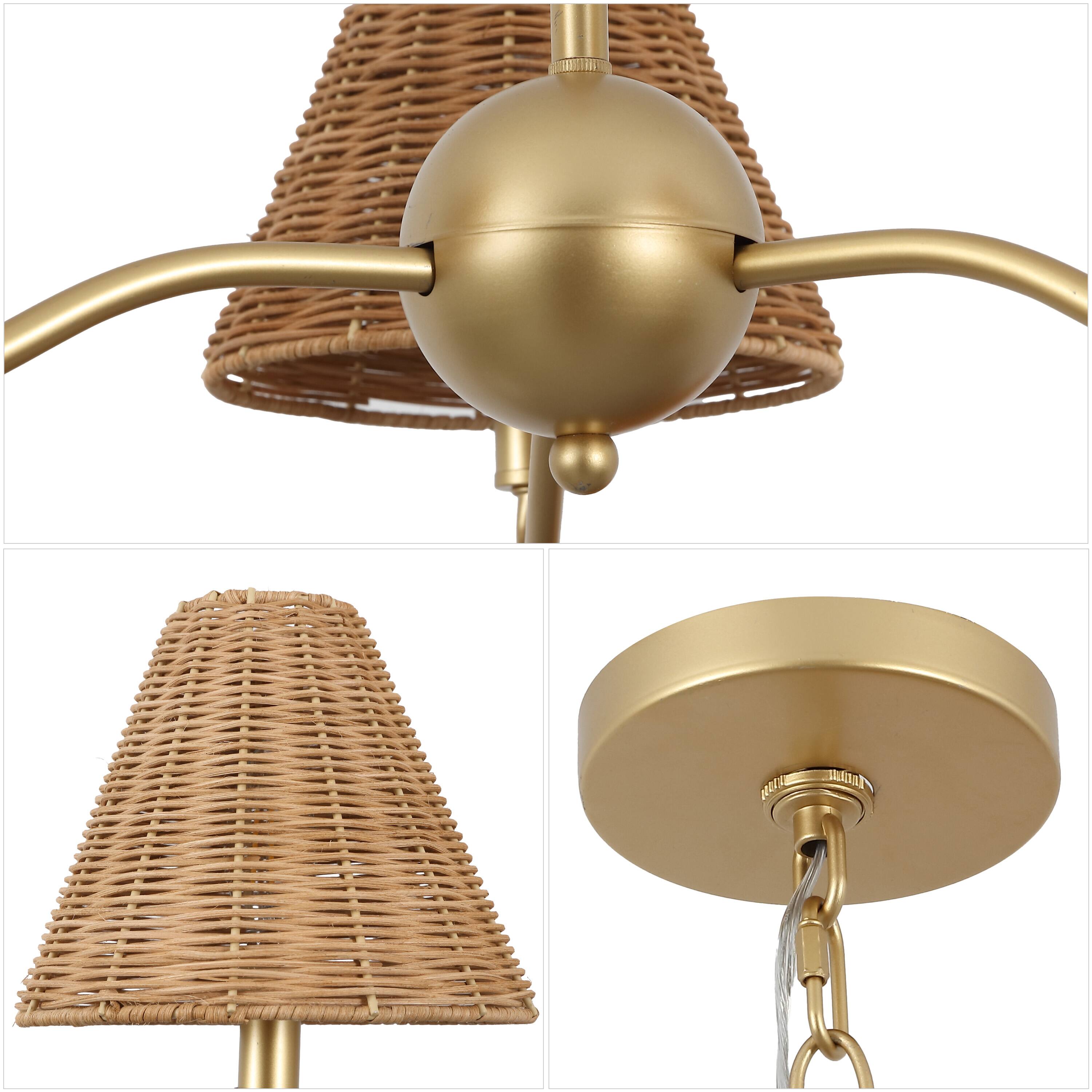 Alt View 4. Jonathan Y - Grady 27" 3-Light Adjustable Swooping Arm Metal with Hand-Woven Rattan Shades LED Chandelier, Gold Painting/Brown - Gold Painting.