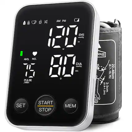 AM PM
SYS mmHg
120
DIA mmHg
80
PULSE /Min
75
AVG. NO.
1
START STOP
SET MEM
(8.7-15.75) 22-40cm (0.8-1.2in)
2-3cm