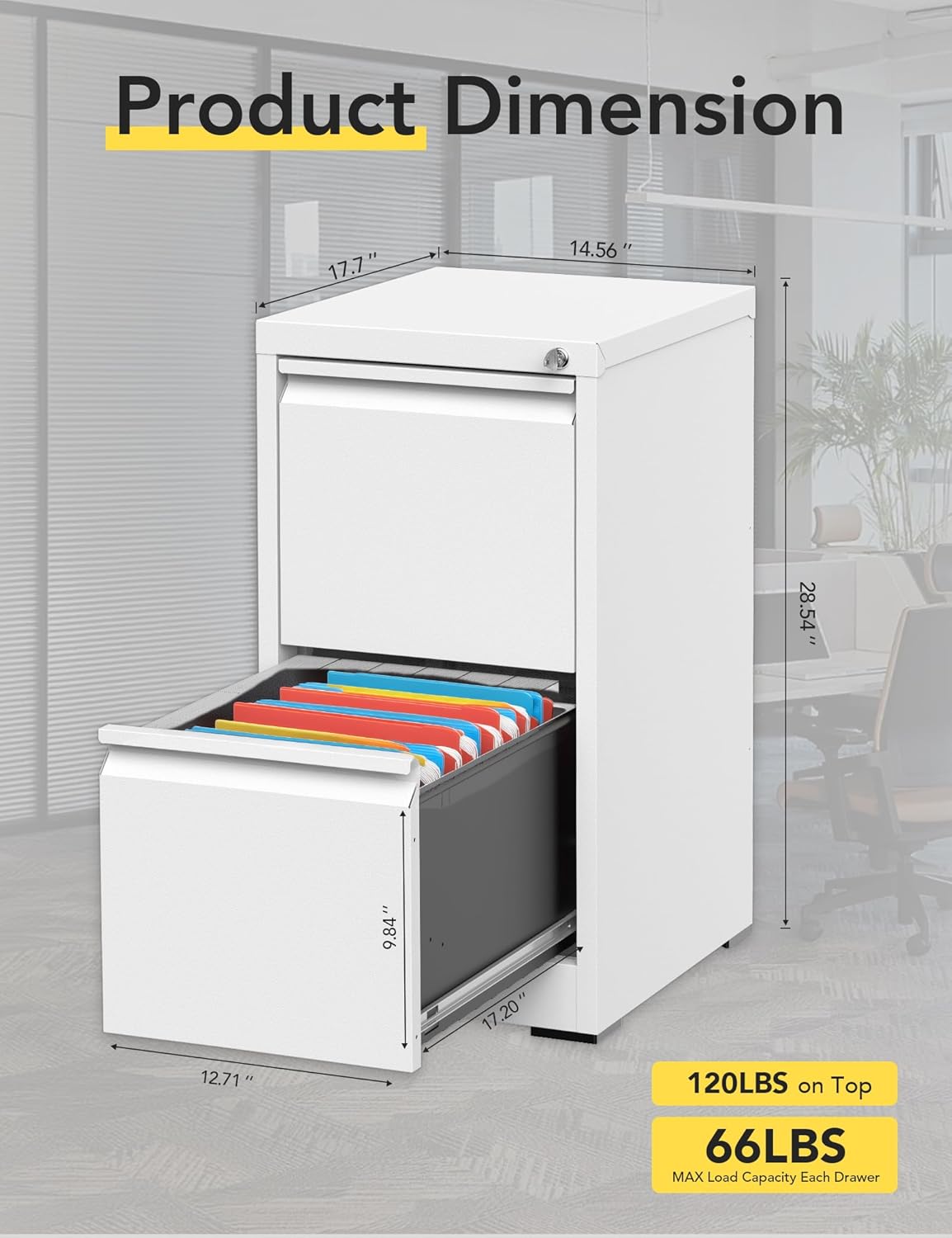 Product Dimension

17.7"  
14.56"  
28.54"  
9.84"  
17.20"  
12.71"

120LBS on Top  
66LBS MAX Load Capacity Each Drawer