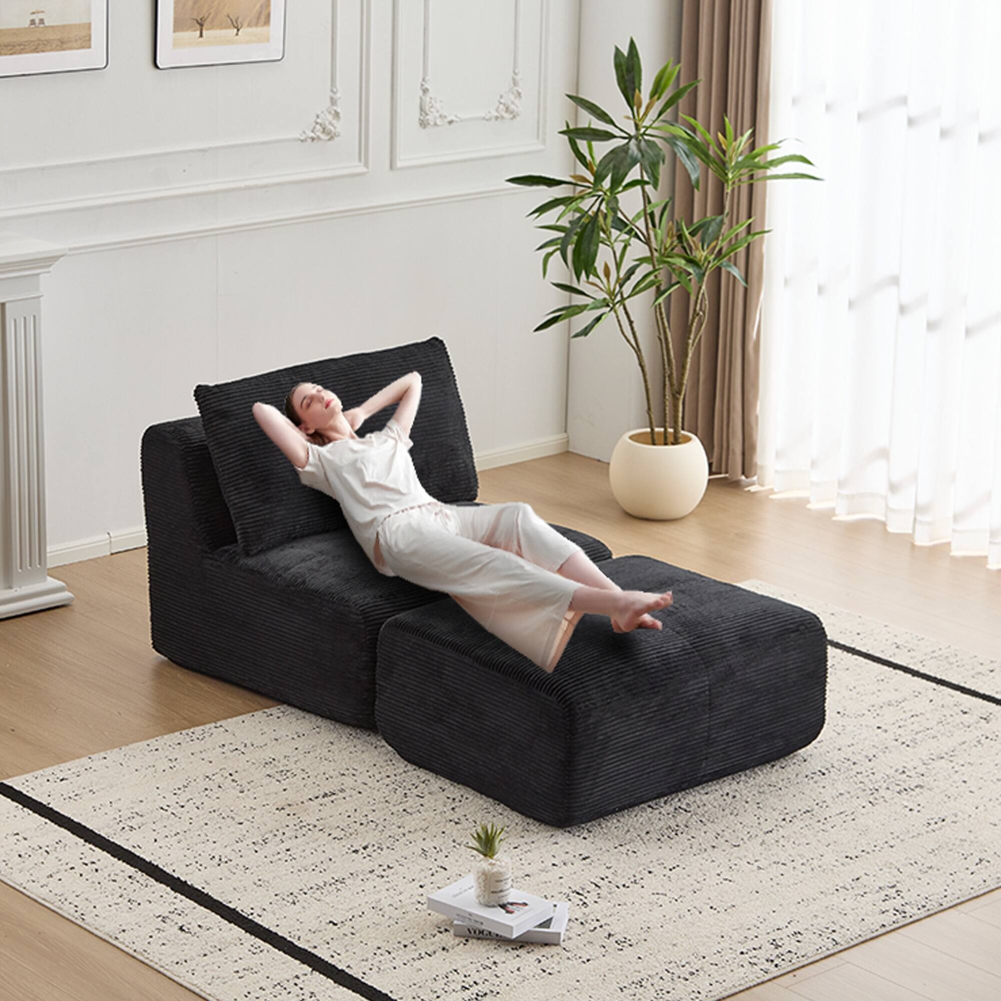 Angle. Boyel Living - Memory Foam Corduroy Chaise Lounge with Movable Ottoman - Black.