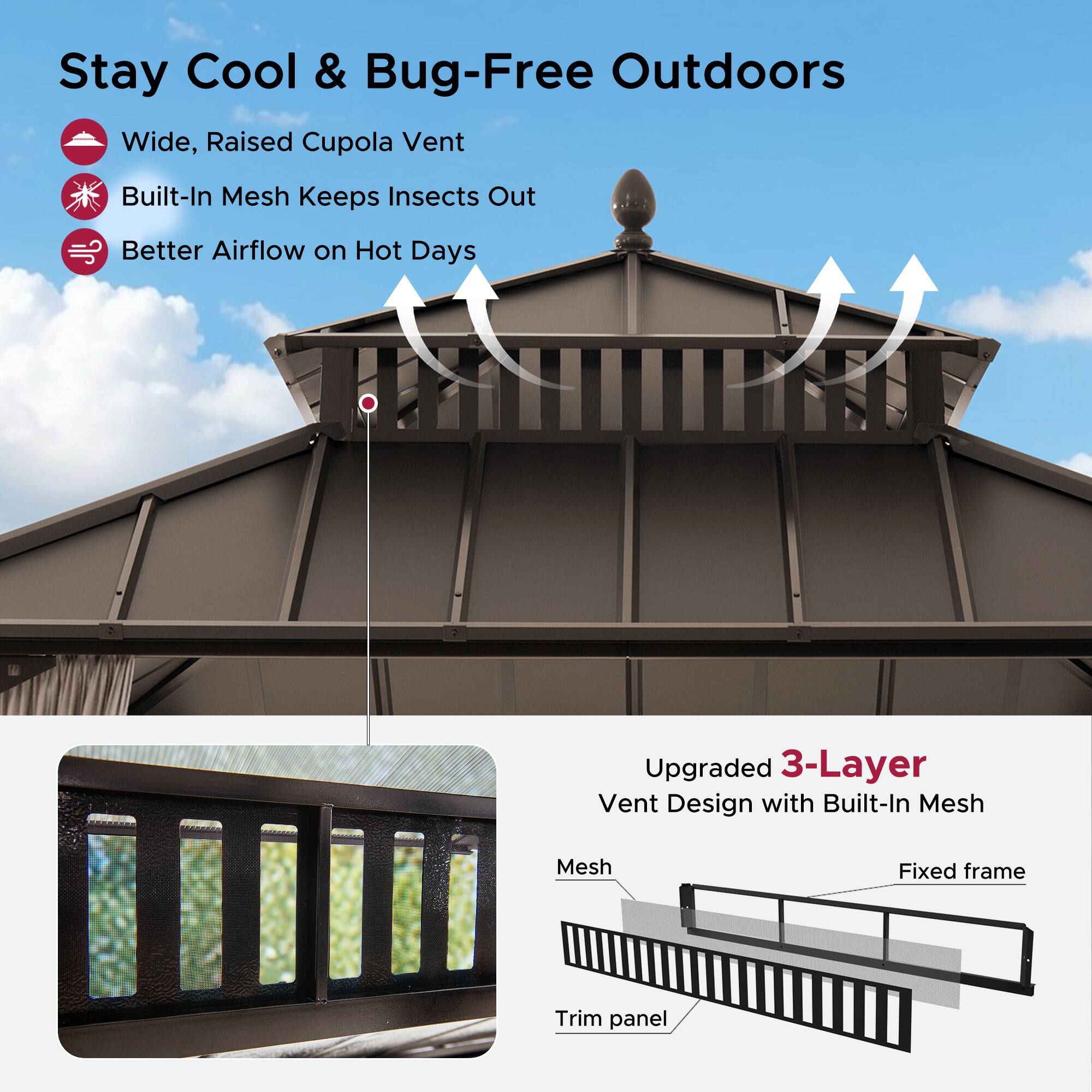 Stay Cool & Bug-Free Outdoors

- Wide, Raised Cupola Vent
- Built-In Mesh Keeps Insects Out
- Better Airflow on Hot Days

Upgraded 3-Layer Vent Design with Built-In Mesh

- Mesh
- Fixed frame
- Trim panel