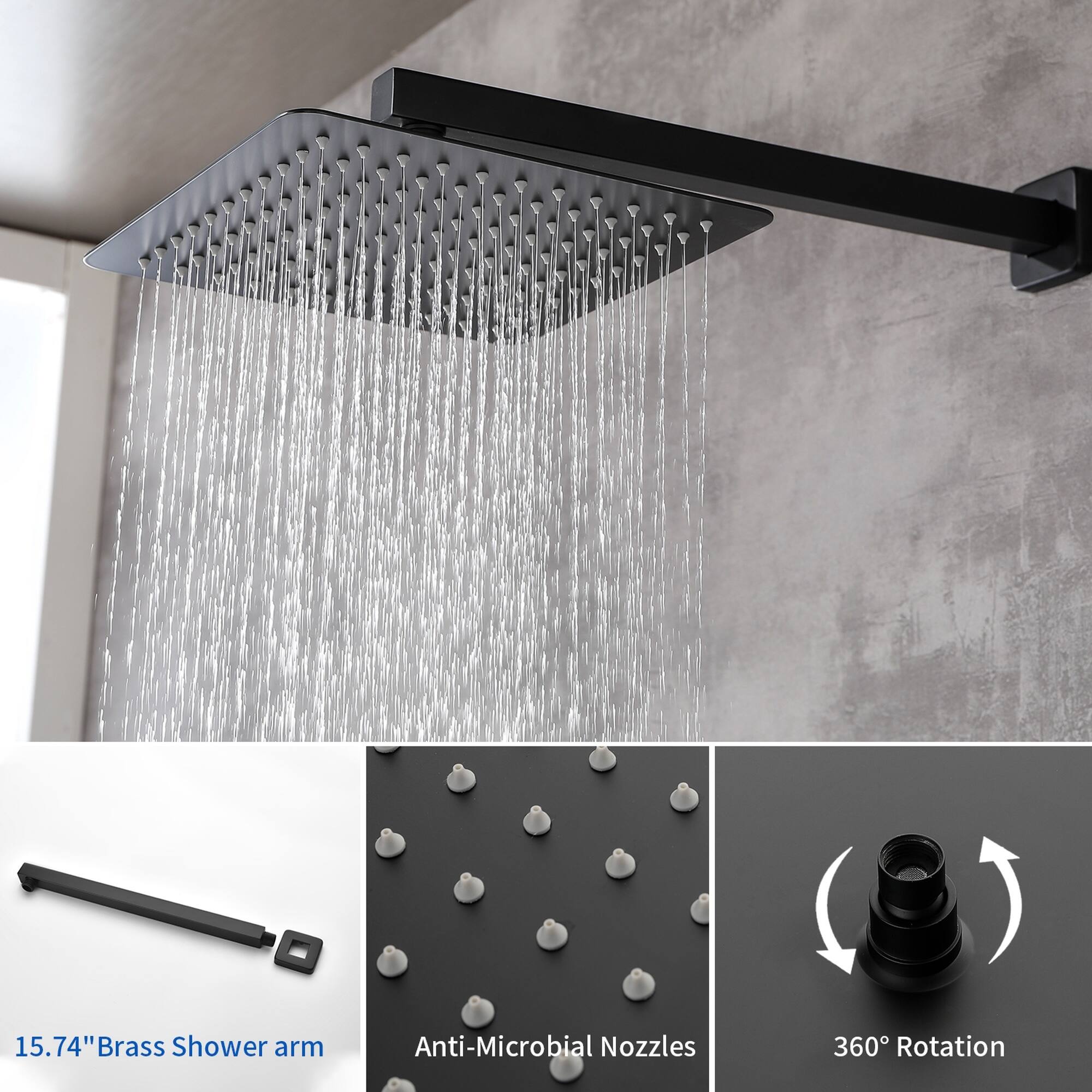 15.74" Brass Shower Arm  
Anti-Microbial Nozzles  
360° Rotation